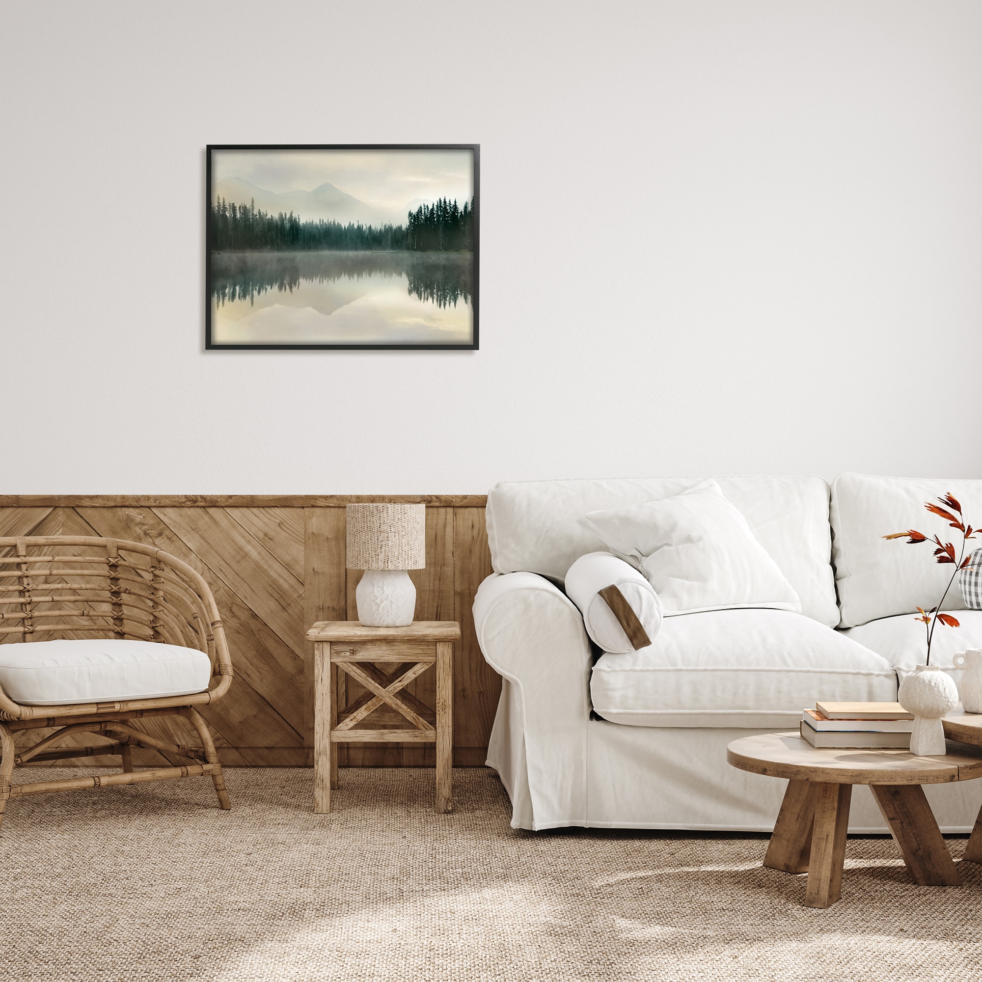 Foggy Lake Forest Landscape Framed Canvas Print, 25 x 32 in