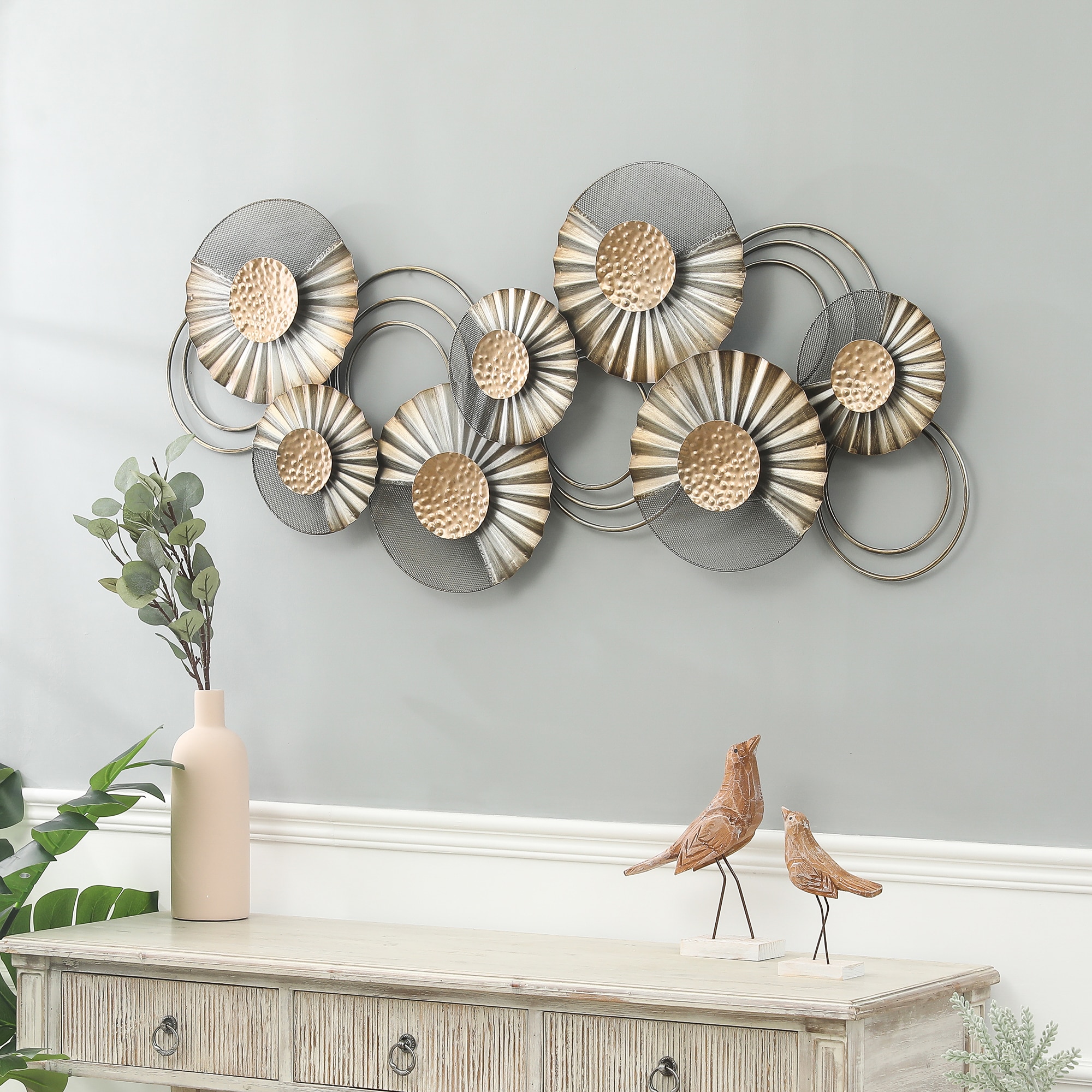 48.5" W Distressed Gray and Gold Metal Floral Wall Sculpture