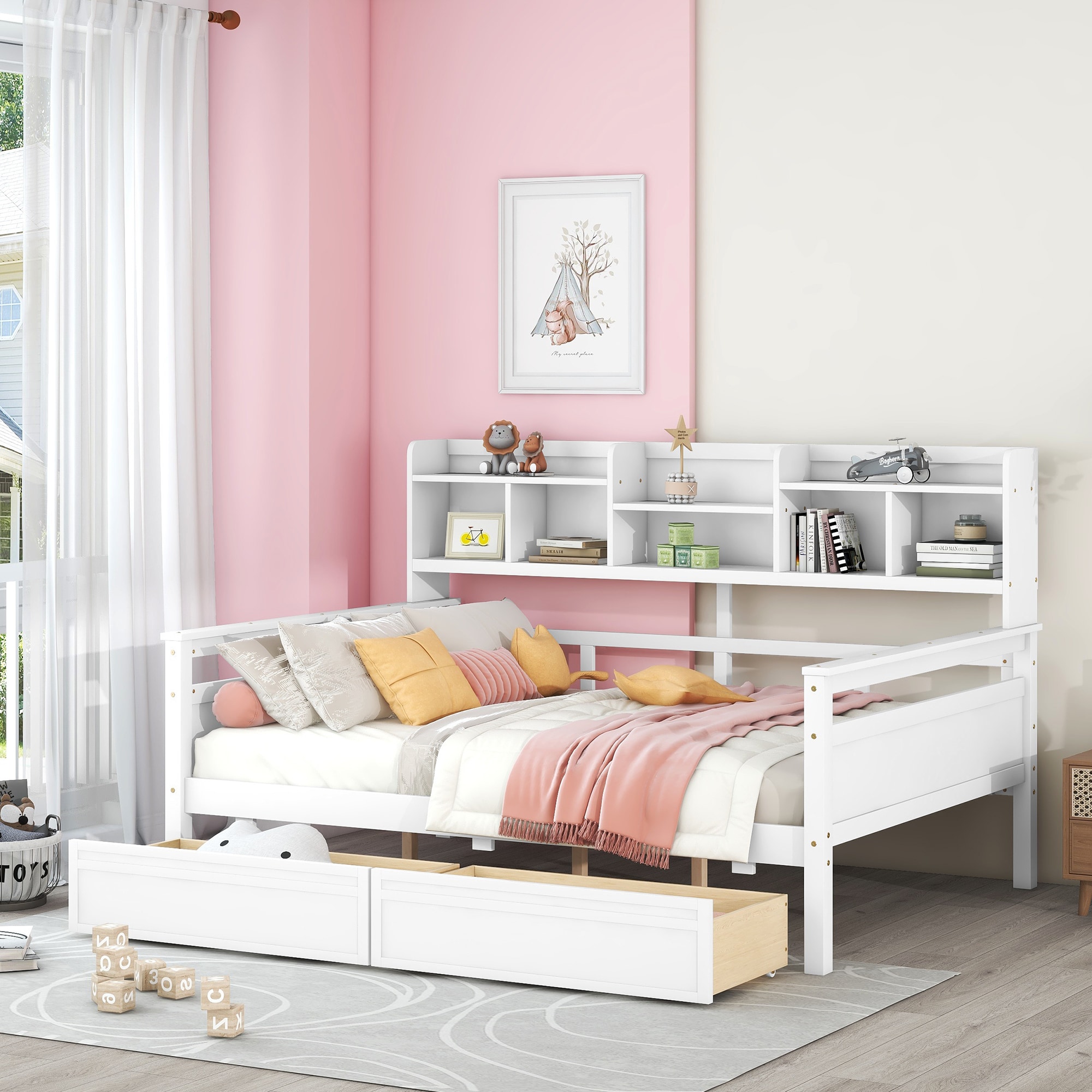 ModernLuxe L3P-N708P245192K Full size Daybed Wood Slat Support with Bedside Shelf and Two Drawers White