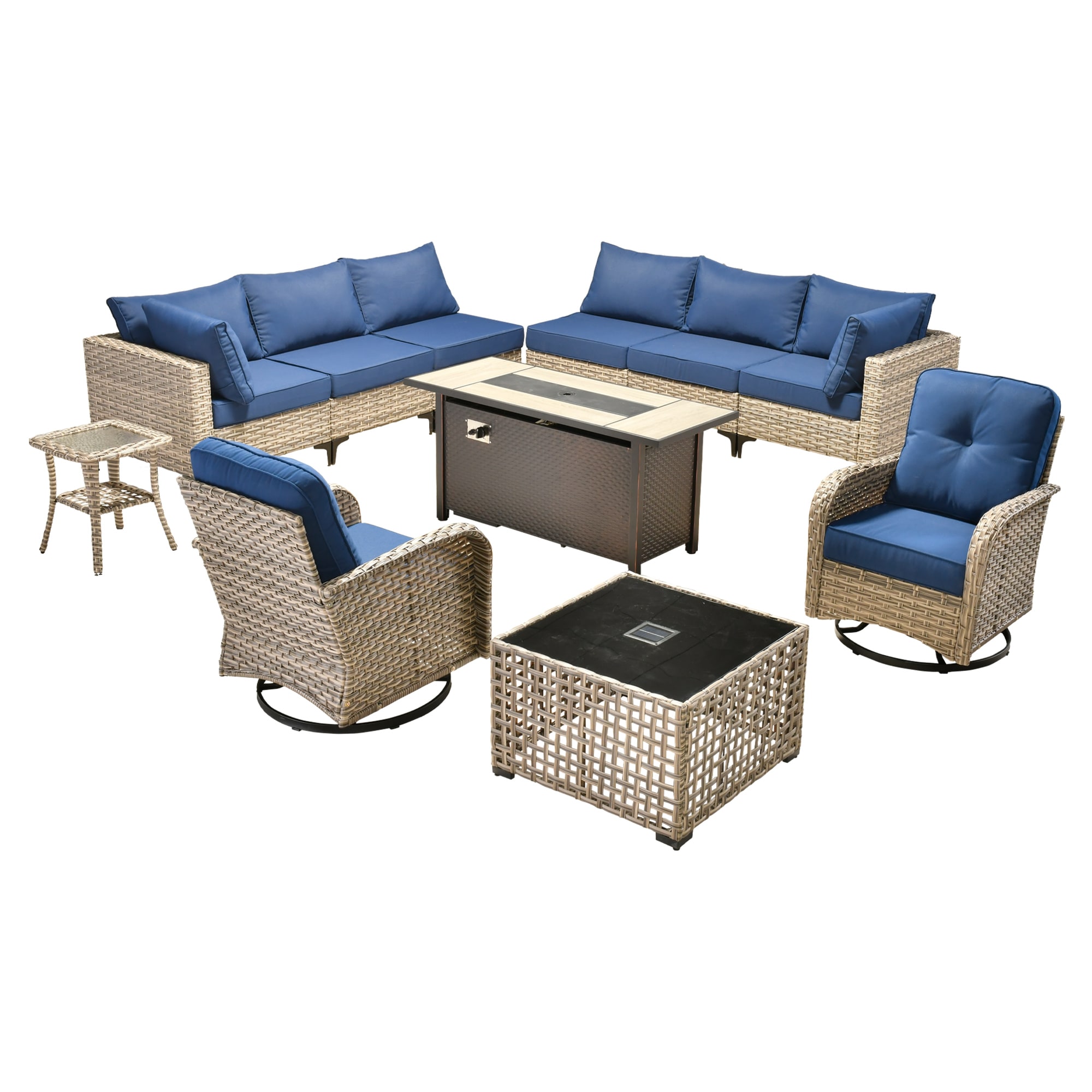 Ovios RFP5SK500YV 11 -Piece Wicker Patio Conversation Set with Navy Cushions