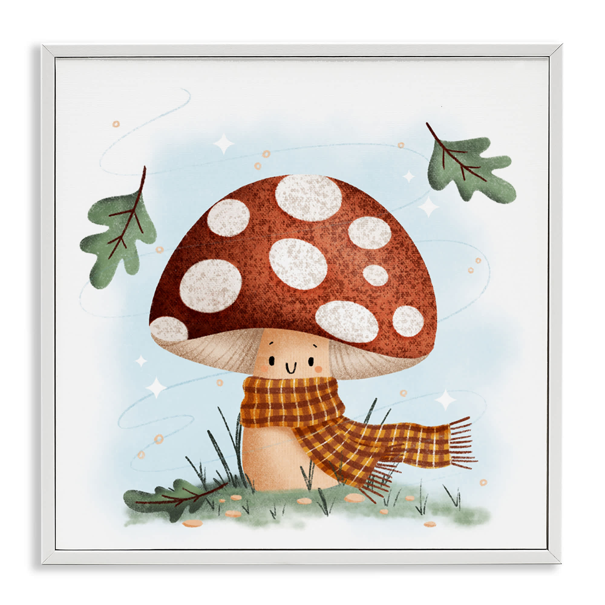 Stupell Industries BT-442-WFR-24X24 Happy Mushroom in Scarf White Framed Giclee Art By Sarah Hickman 24 x 24