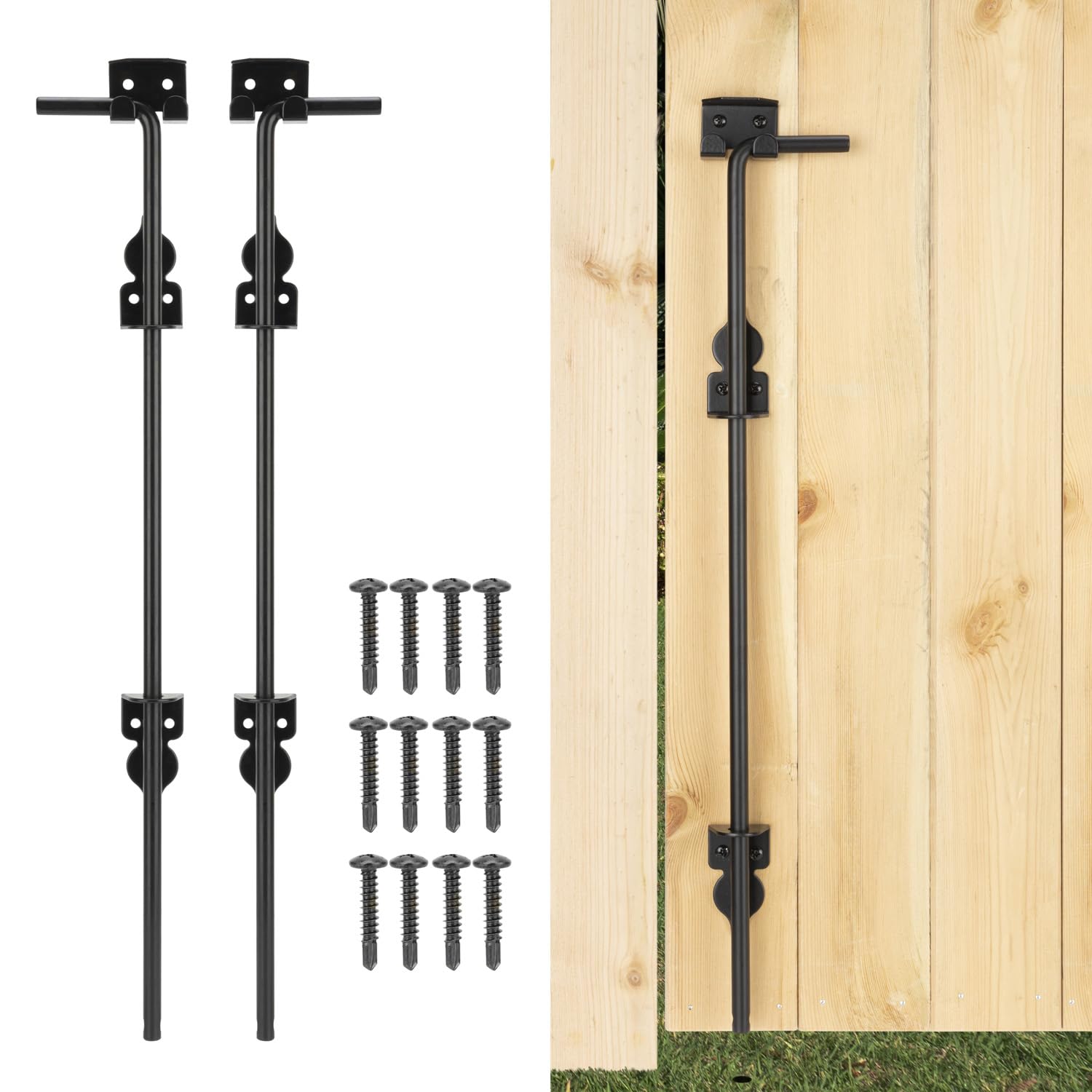 Phewnyzo  36 in Heavy Duty Cane Bolt Drop Rod for Gate Ground Latch Suitable for Wooden Metal and Iron Gates Doors Black Finish 2 Pack