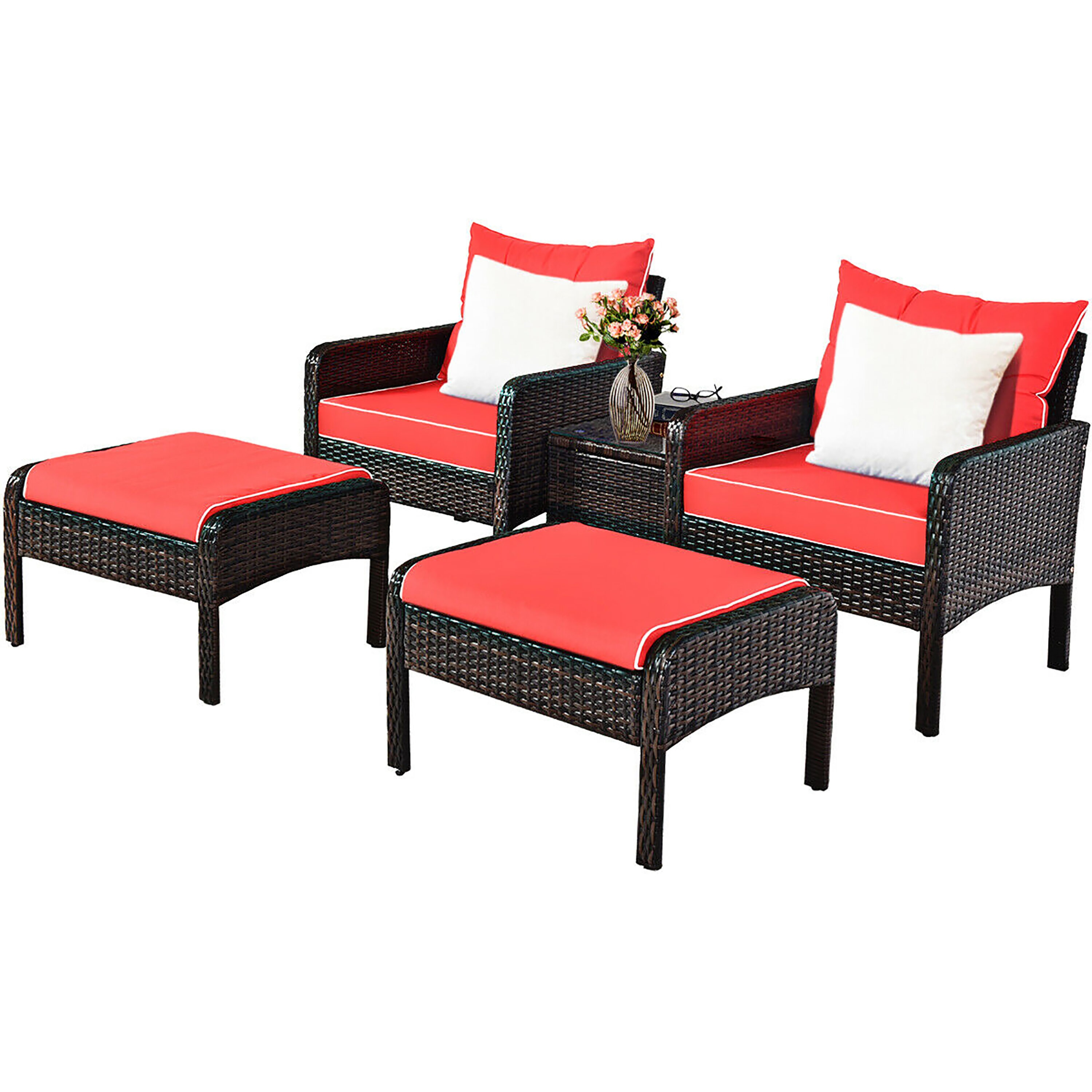 Red Cushioned 2 Person Brown Rattan Conversation Set with Glass Top Table