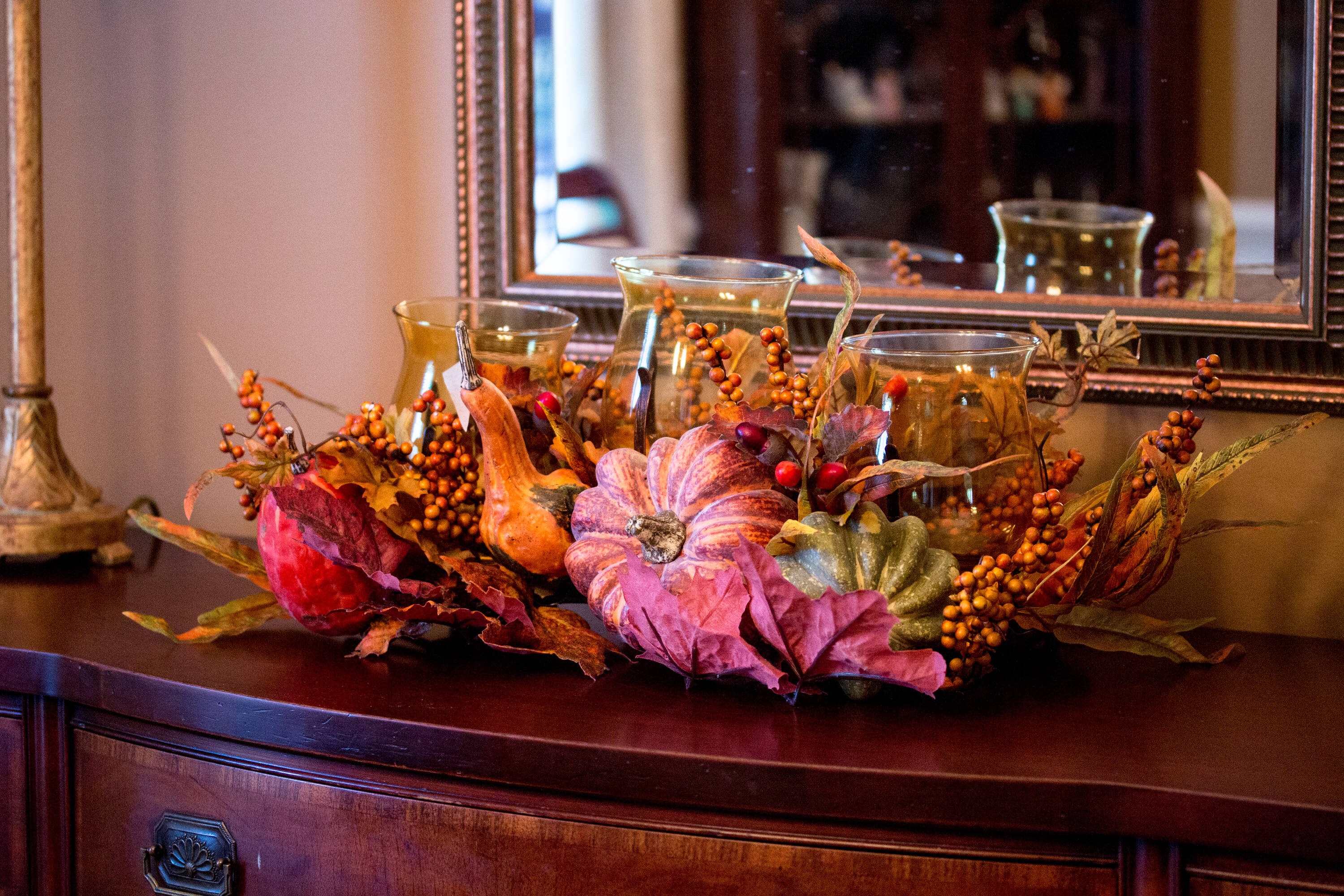 Harvest Triple Glass Candelabrum with Autumn Fruits and Foliage
