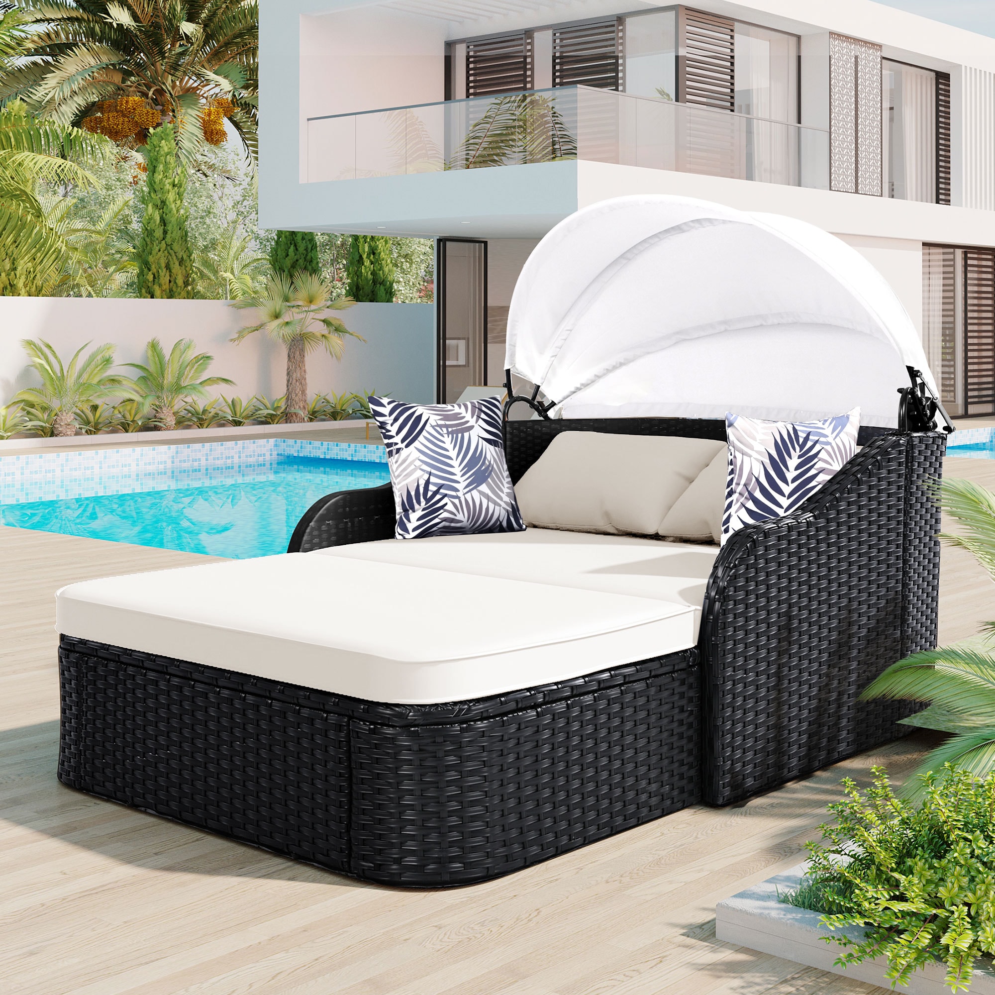 Xspracer ML-PB23K Outdoor Sunbed Wicker Outdoor Daybed with Beige Cushions and Wicker Frame