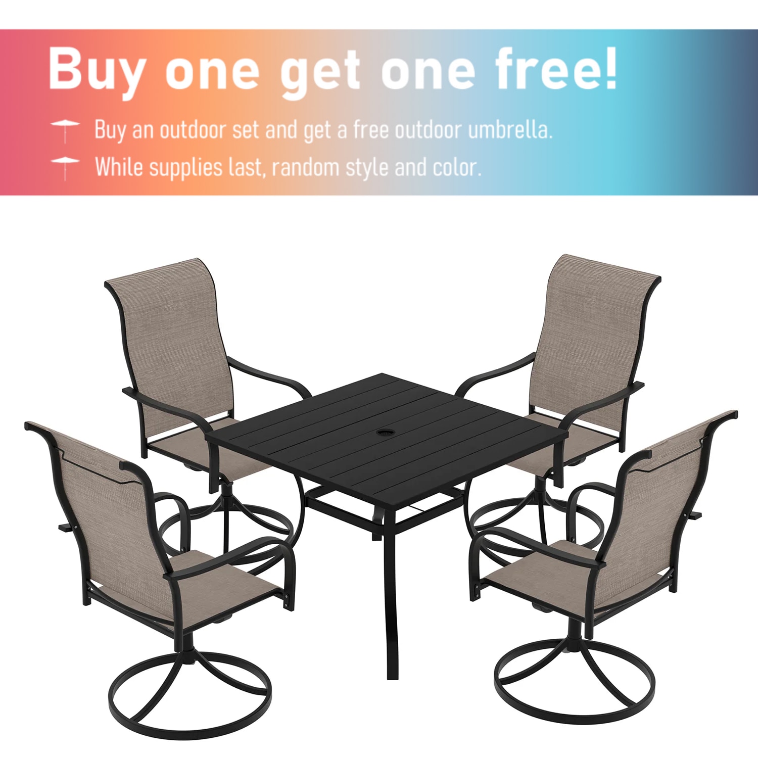 Mondawe MO-C5020T962 5 -Piece Black Patio Dining Set Iron Square Table with 4 Tan Swivel Chairs and Umbrella Included