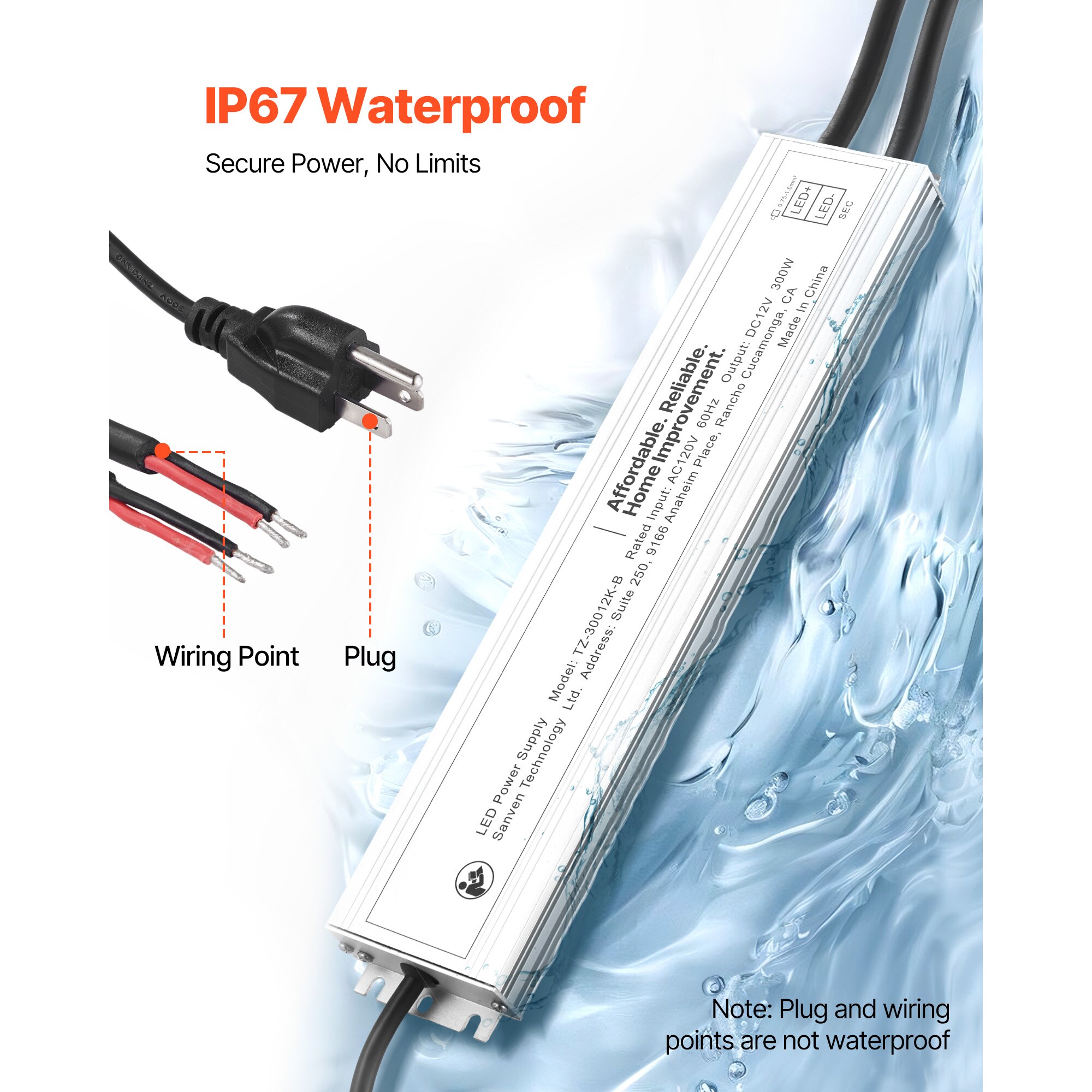 VEVOR LED Driver 300 Watts 12V DC Waterproof IP67 Low Voltage Power ...