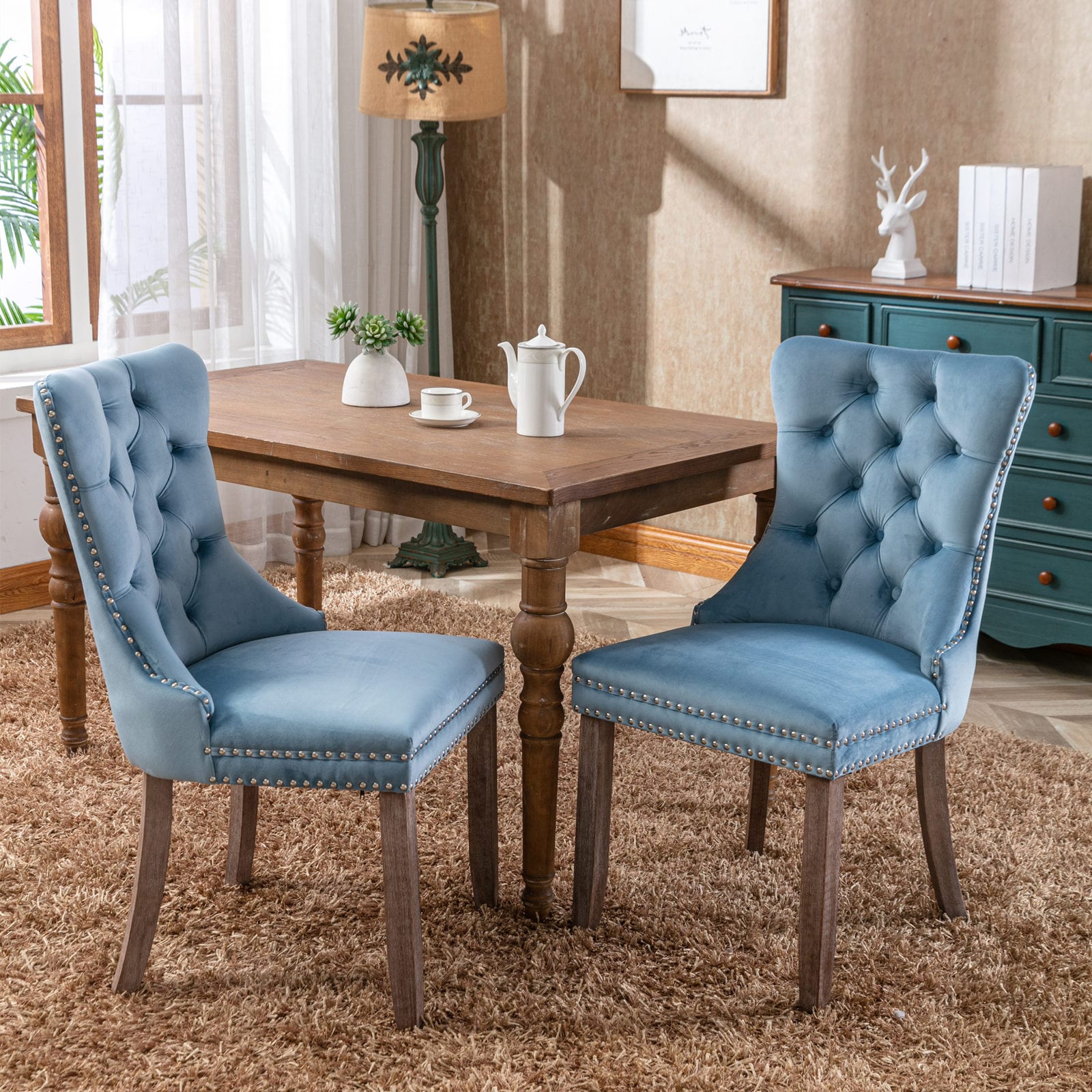 REIBII Upholstered Dining Chairs Set of 2 Modern High End Tufted Velvet with Solid Wood Legs and Nailhead Trim Light Blue