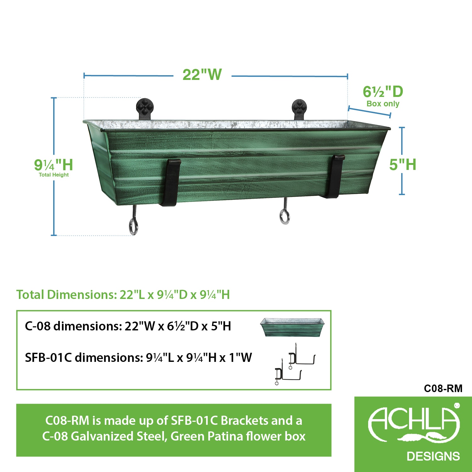 Small Green Patina Galvanized Steel Flower Box with Black Wrought Iron Brackets