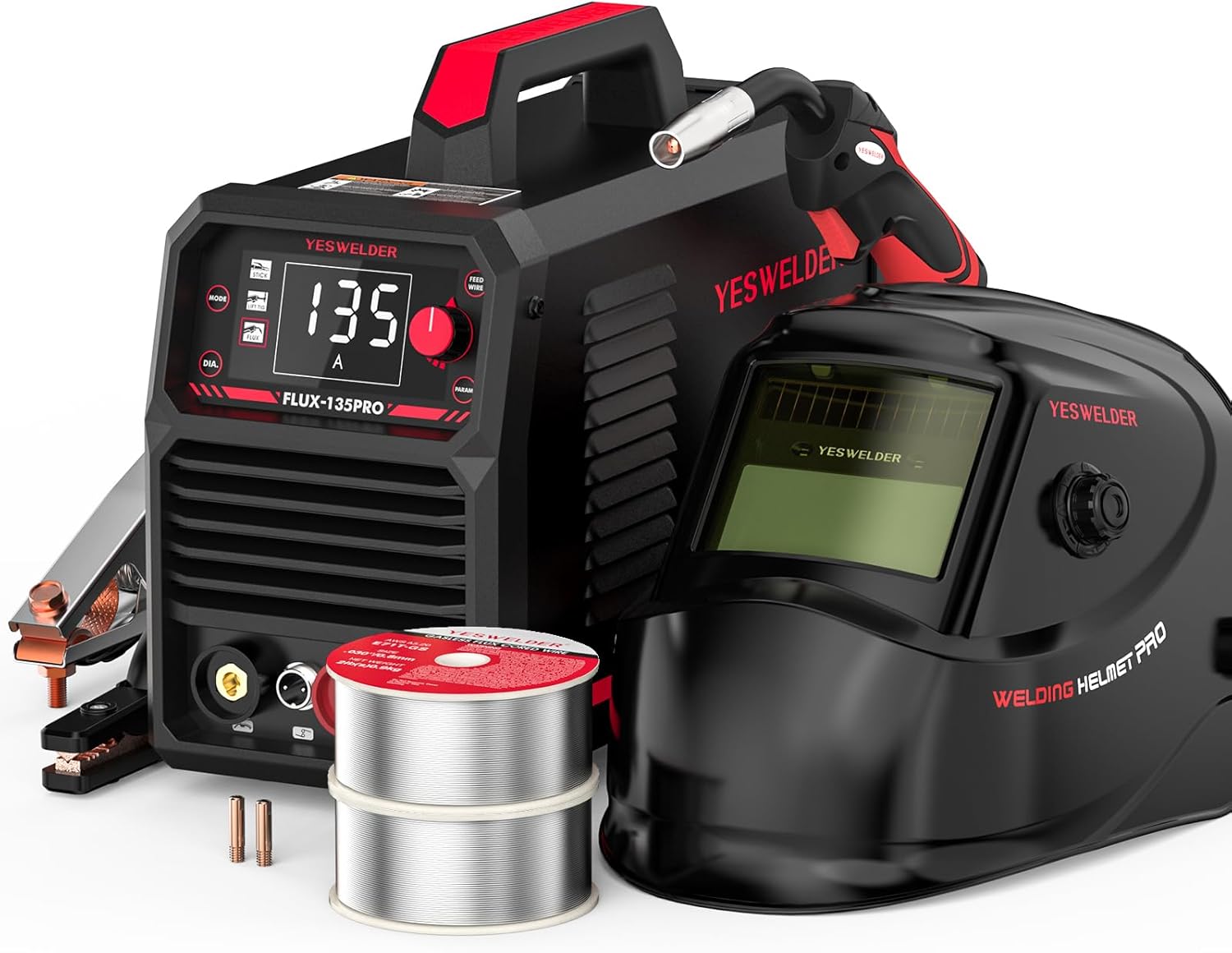 YesWelder  135Amp Flux Core MIG Welder FLUX 135PRO 110V Flux Core MIG Lift TIG Stick 3 in 1 Digital Display Welding Machine  LYG L600A Auto Darkening Blue Light Blocking Welding Helmet