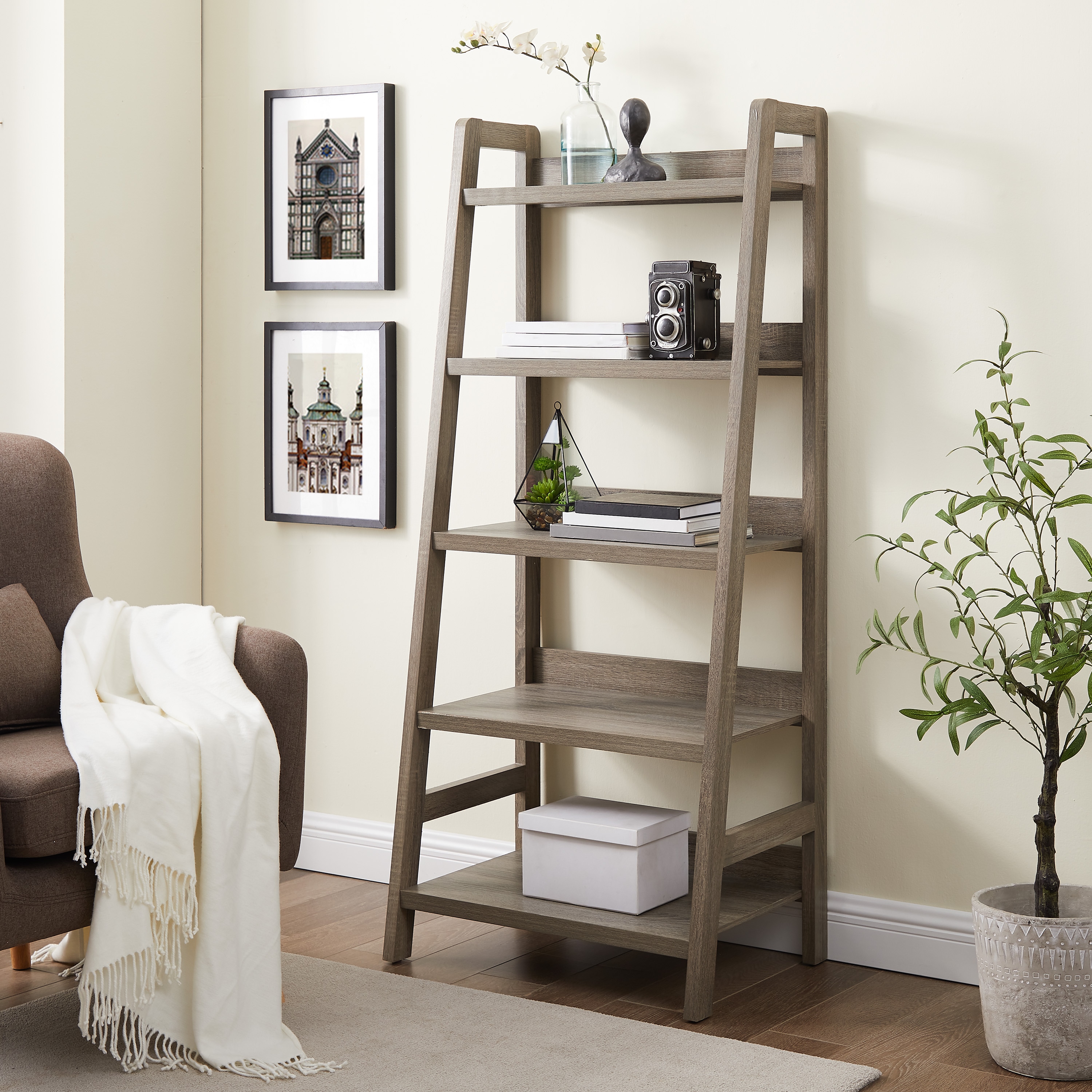 grey leaning bookcase