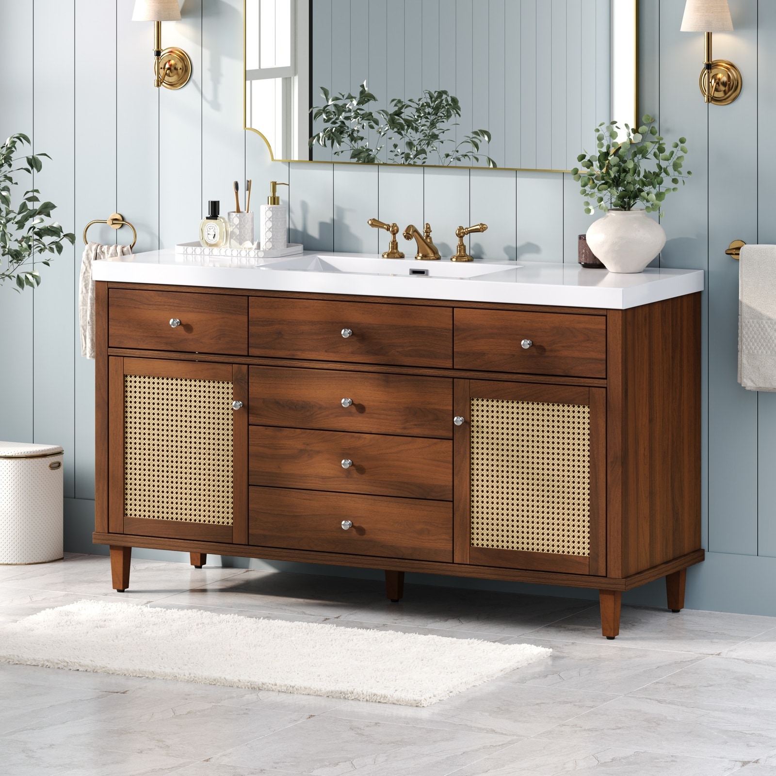 LIVACA 60 inch Brown Bathroom Vanity with SMC Sink and Soft Close Drawers with Rattan Doors and Silver Metal Knobs