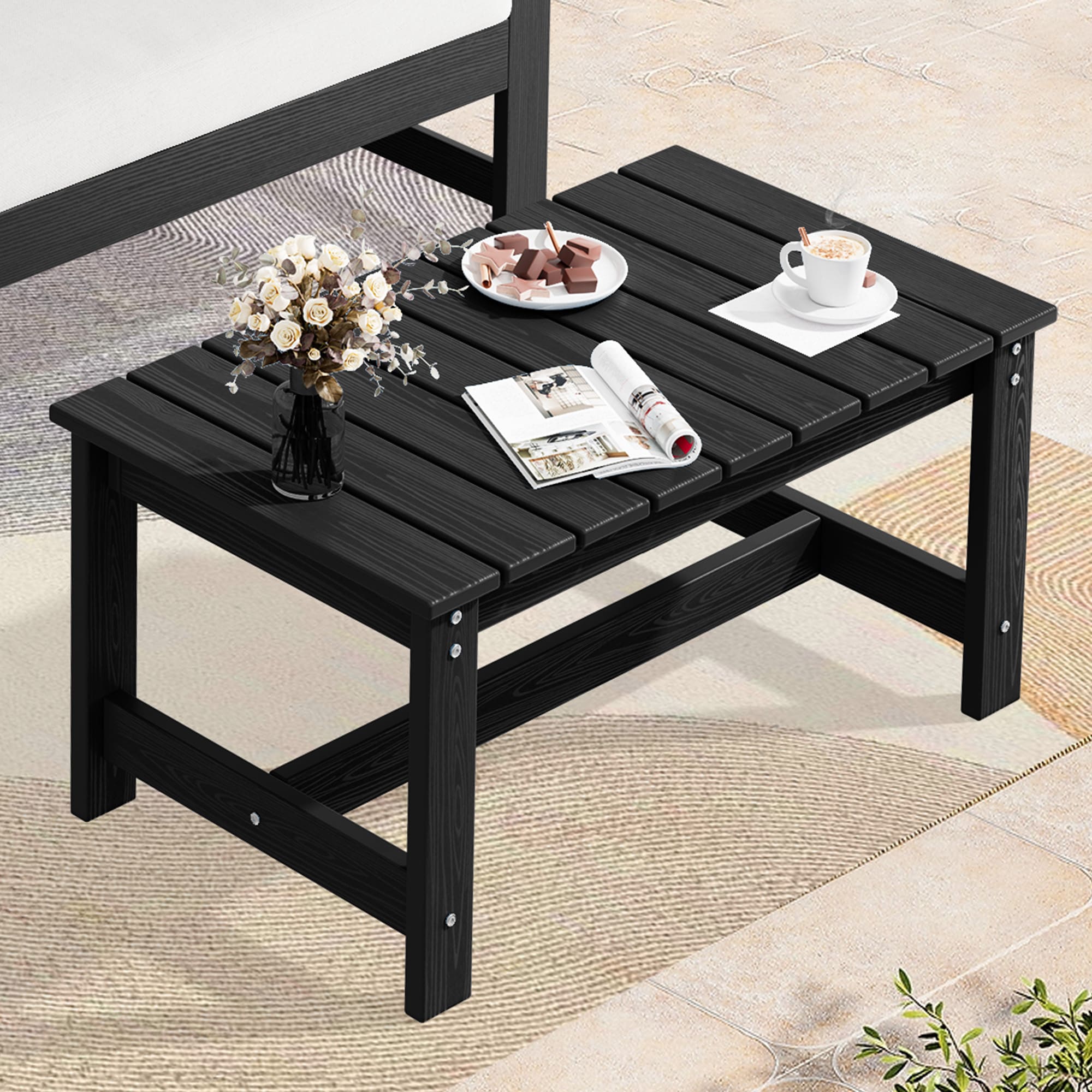 JEAREY PEHKKFZ-BK All-Weather Rectangular Patio Coffee Table Rectangle Outdoor Coffee Table 16.7-in W x 32.9-in L