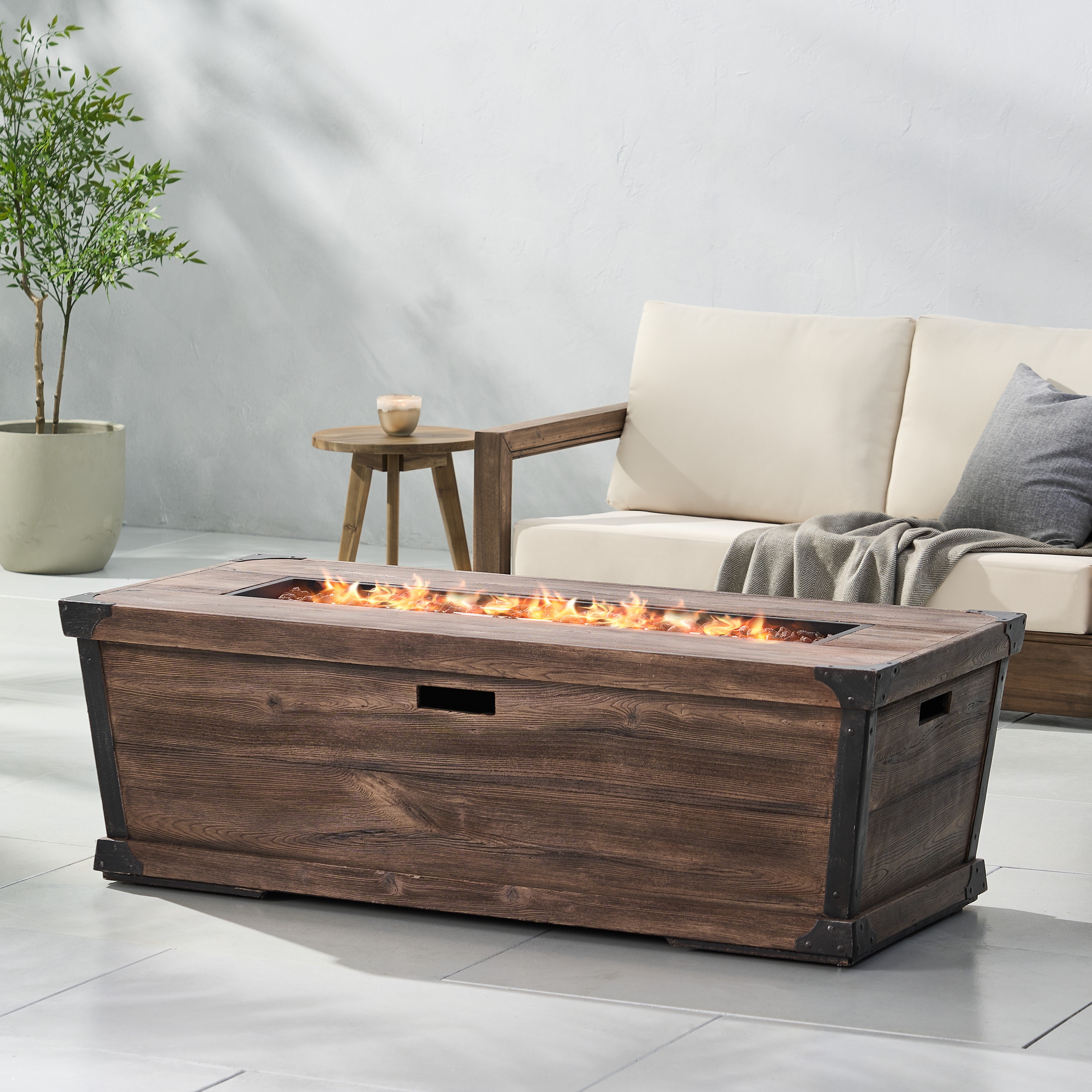 Tatayosi P1-3.00-50K Outdoor Patio Concrete Fire table Rectangle Gas Burning 56-Inch Fire Pit - 50000 BTU Wood Pattern Fire Table Brown (Tank Cover not Included)