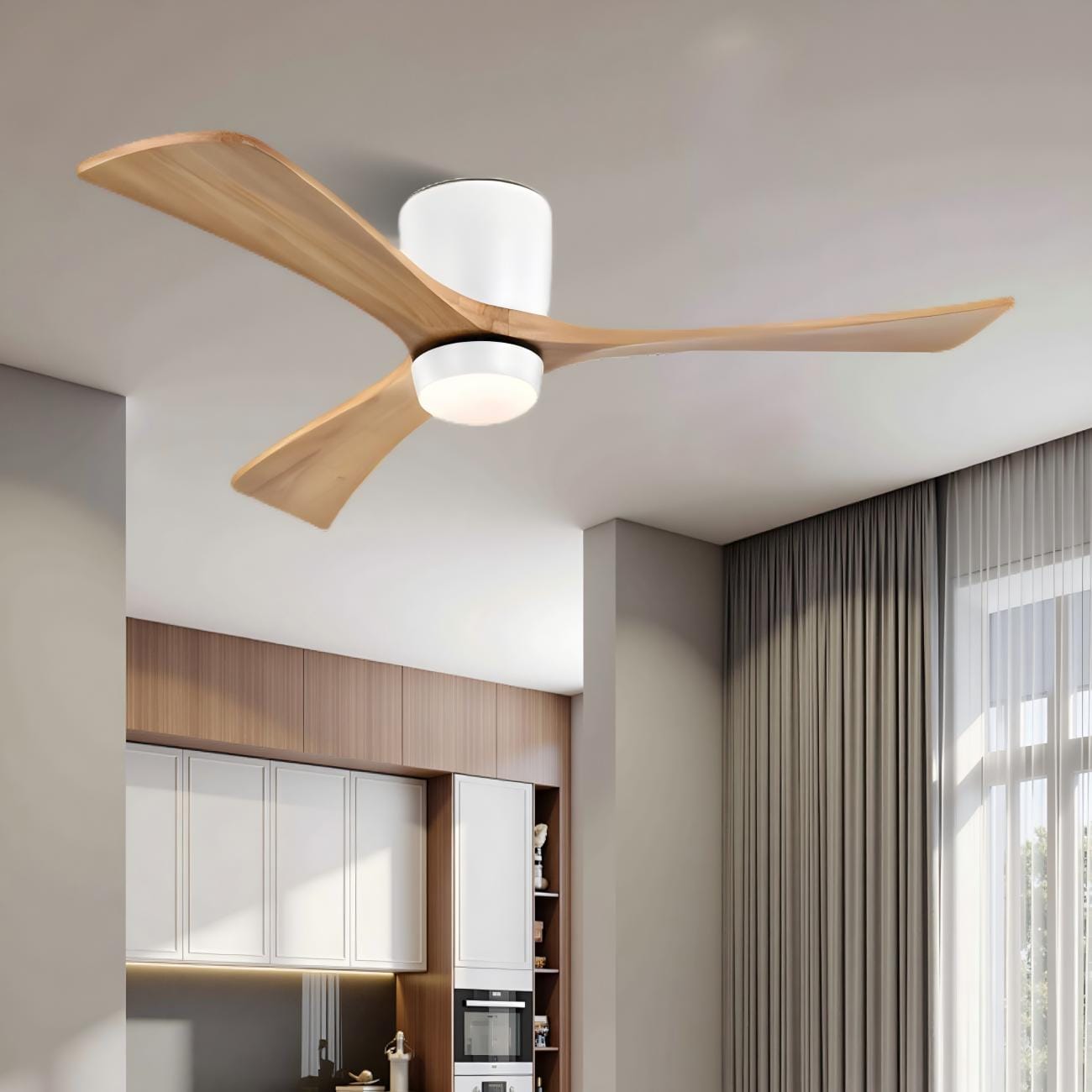 Sunrinx MG12-CF-15 52-in Color-Changing Integrated LED Outdoor Flush Mount White with Brown Blades Ceiling Fan With Light - Remote Included ( 3 -Blade )