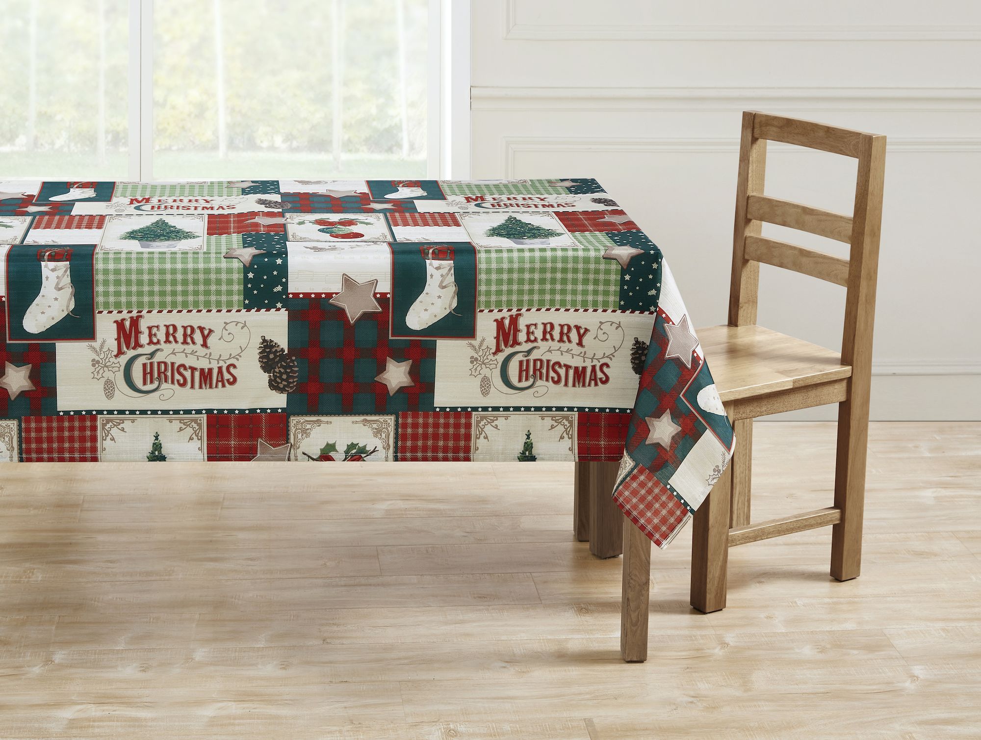 KATE AURORA Holiday Living Plaid Country Farmhouse Merry Christmas Fabric Tablecloth 8-10 Chairs