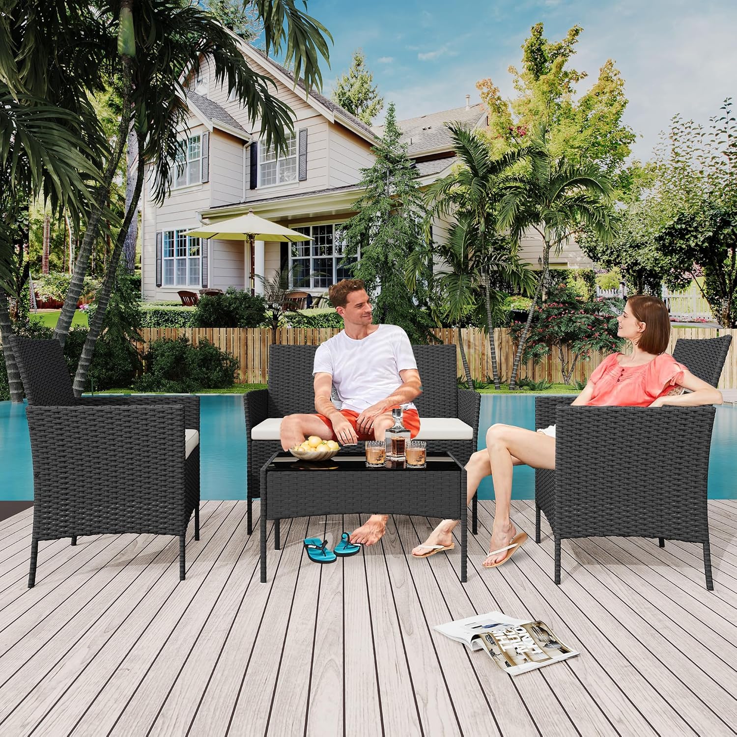 Qeetex LHF-DYQ-PHO-34UMKDV3 4 Piece Patio Furniture Set Wicker Rattan Patio Conversation Set 2 Chairs/Loveseat/One Coffee Table Outdoor Patio Furniture Set for Patio Front Porch Balcony Bistro - Black and Beige