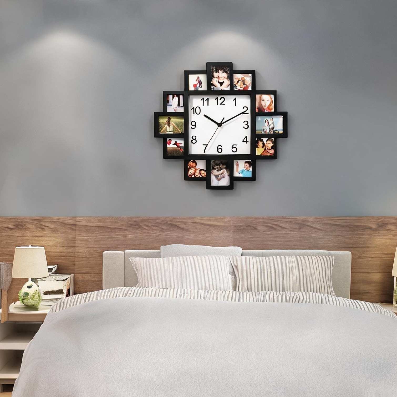 Naturefalls Wall-Mounted 12-Photo Round Collage Clock with Quartz Movement for Living Room