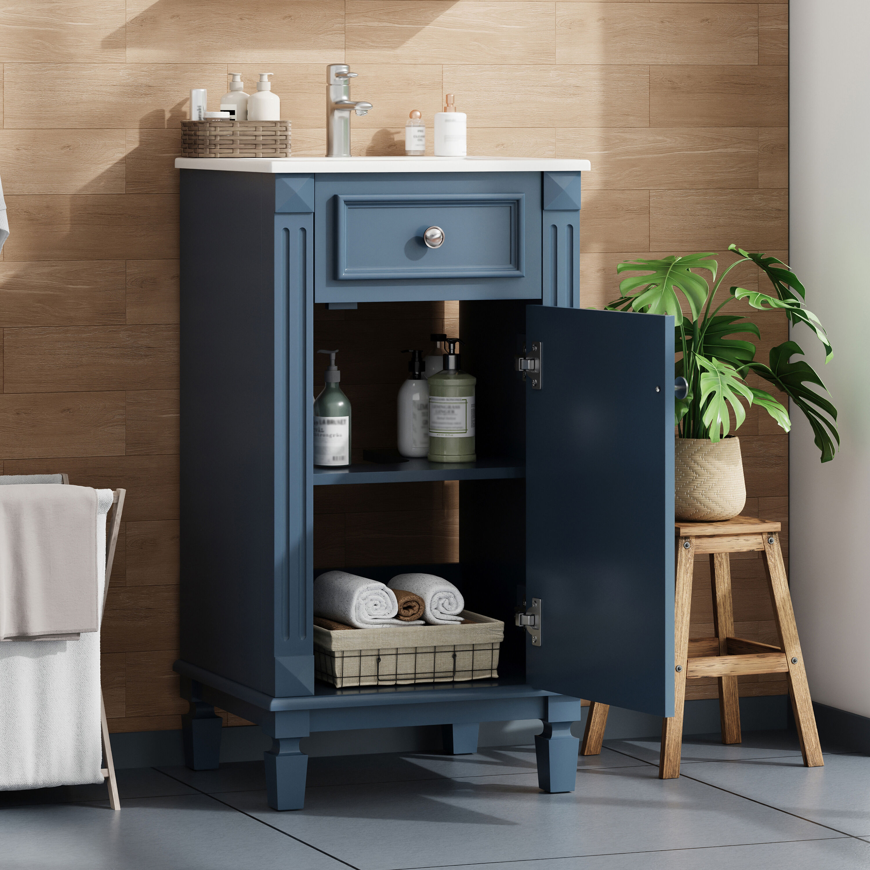 Huluwat 18 Inch Bathroom Vanity with Ceramic Sink Freestanding Single Vanity Set with Soft Closing Door Adjustable Shelf French Style Blue