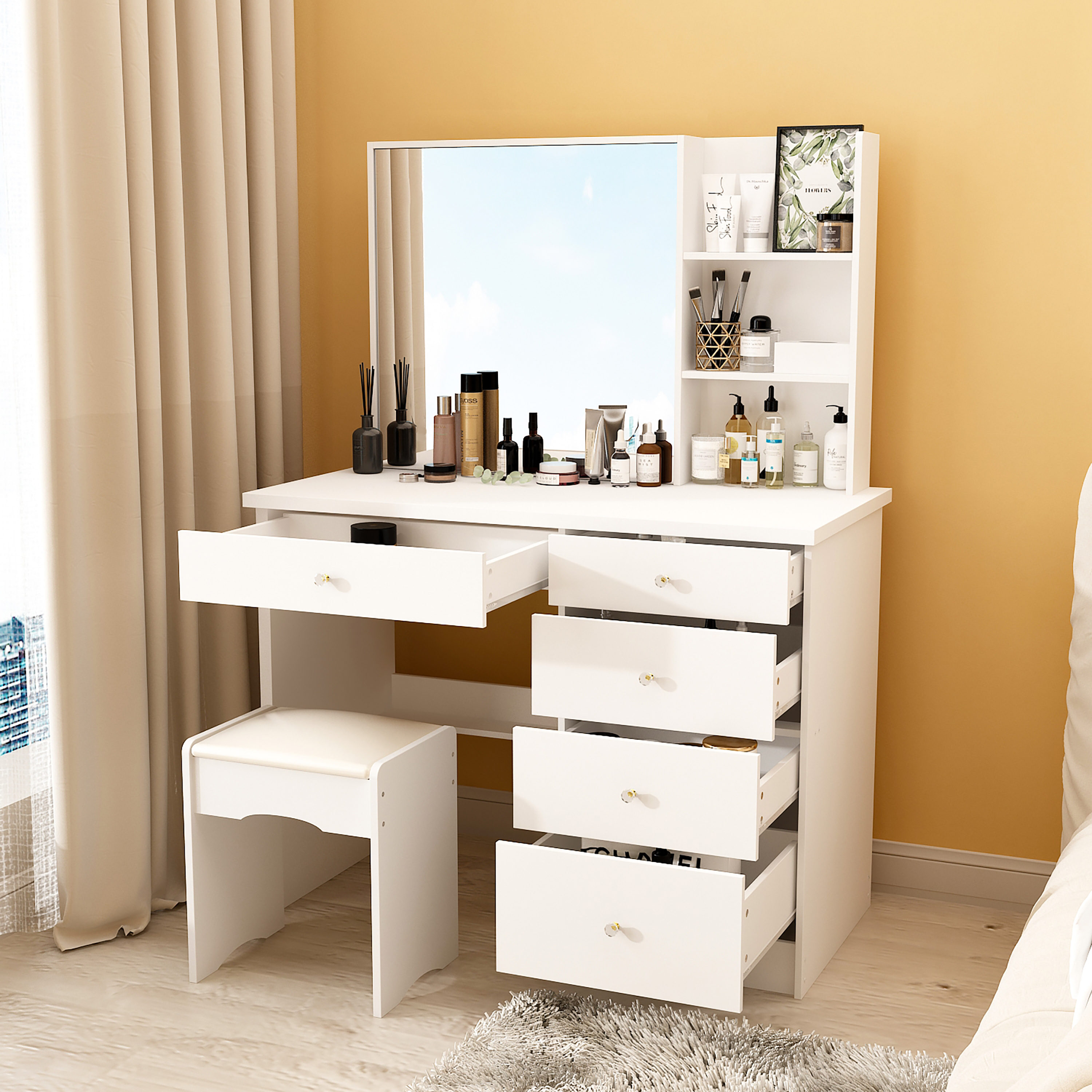  Makeup Vanity Set with Mirror and Stool Modern Make Up Vanity  Desk with Flip-top Mirror Dressing Table with Storage Drawers for Bedroom  Small Makeup Vanity for Small Spaces (White + Solid