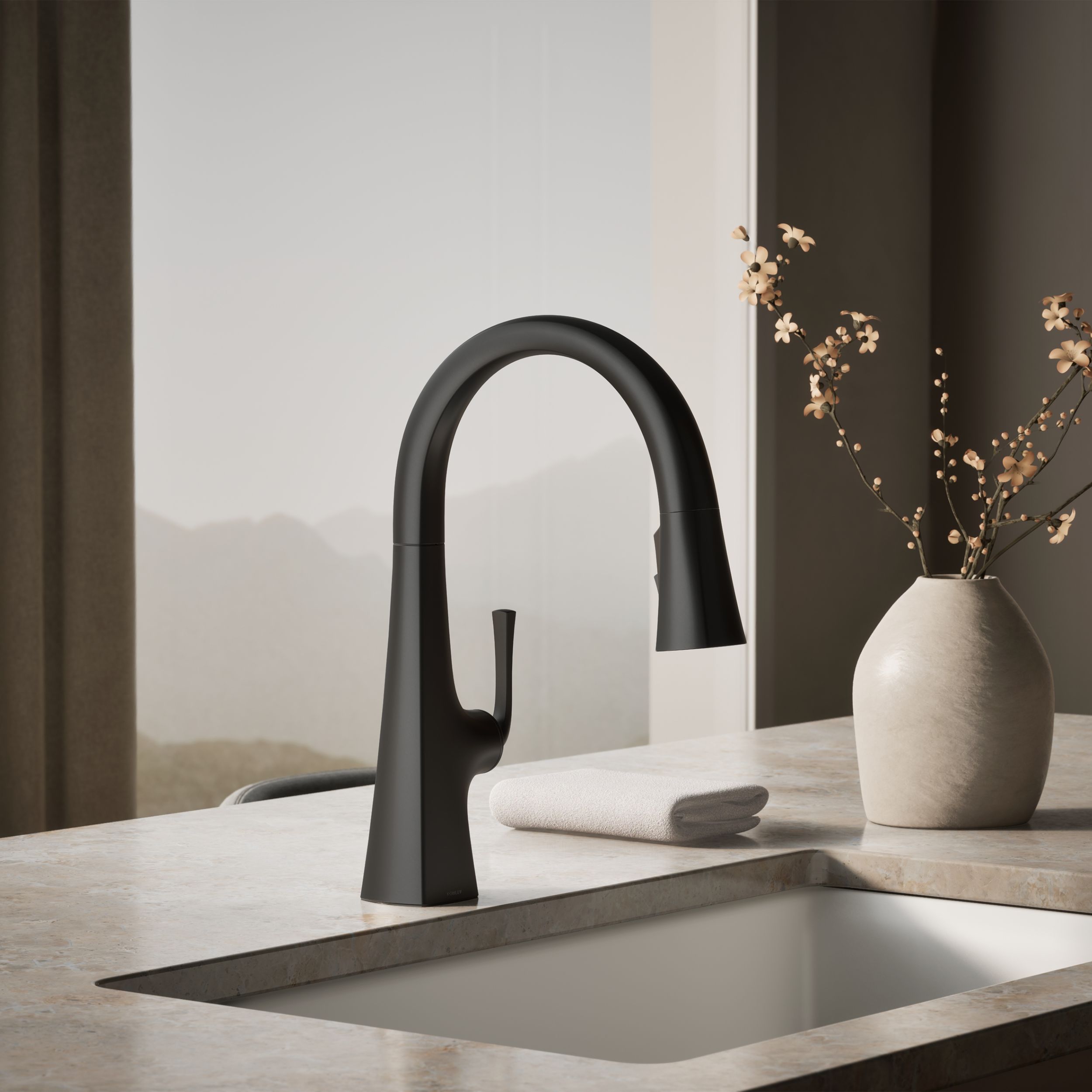 Matte Black Single Handle Deck-mount Pull-down Kitchen Faucet with Sprayer