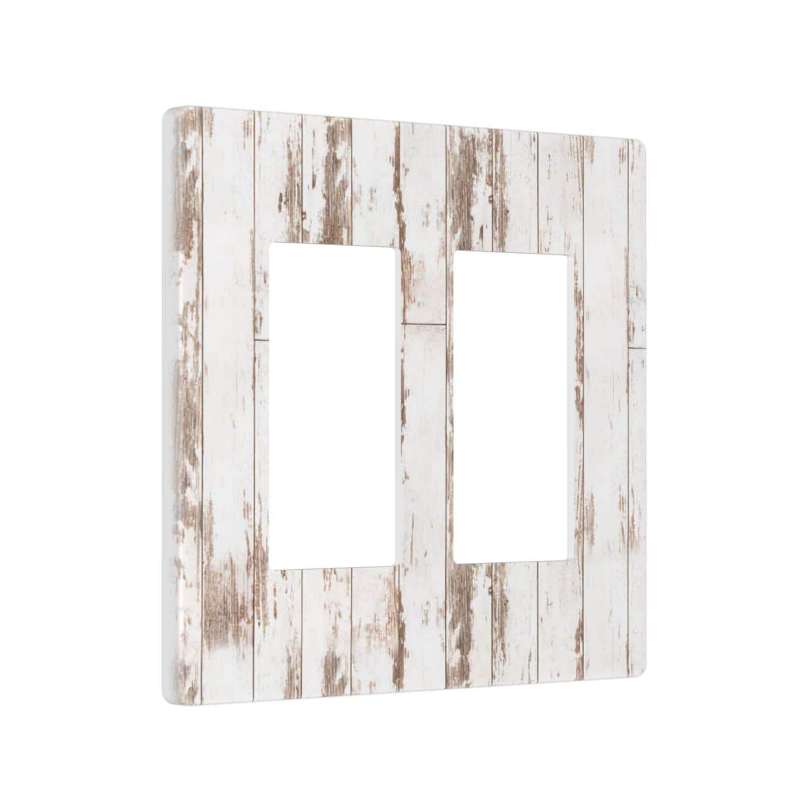 Adrinfly  White Grey Wood 2 Gang Double Rocker Decorative Light Switch Cover Wall Plate Electrical Faceplate Home Bedroom Panel Decor Screwless