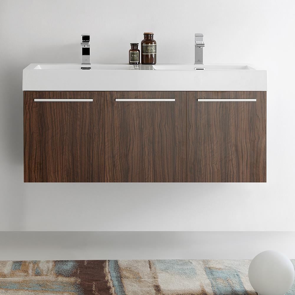 Fresca FCB8092GW-D-I Vista 48-in Walnut Double sink Floating Bathroom Vanity with White Acrylic Top