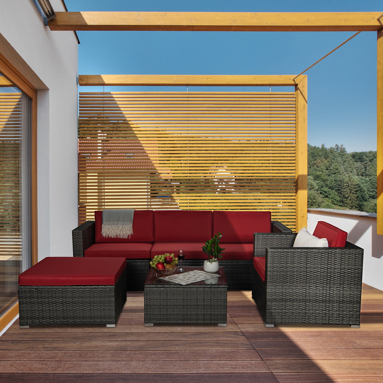 SINOFURN Rattan Outdoor Sectional with Red Cushion(S) and Rattan