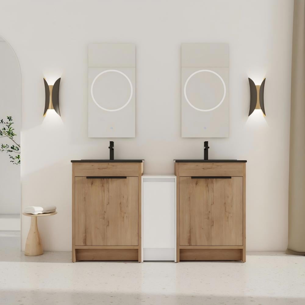 Basdien 59 in Brown Freestanding Bathroom Vanity With 2 Black Ceramic Basins and Cabinet Soft Closing Doors Modern Plywood Build Adjustable Shelves Ample Storage 5 Packages Included Faucet Drain Pop Up Back Splash Mounting Brackets Not Include