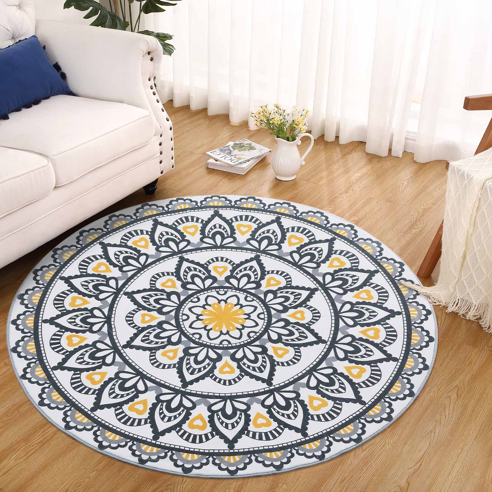 Garvee YXY-LO-PHO-125EI5M9 5 x 5 (ft) Loomed Yellow Round Indoor Floral/Botanical Vintage Machine washable Area rug