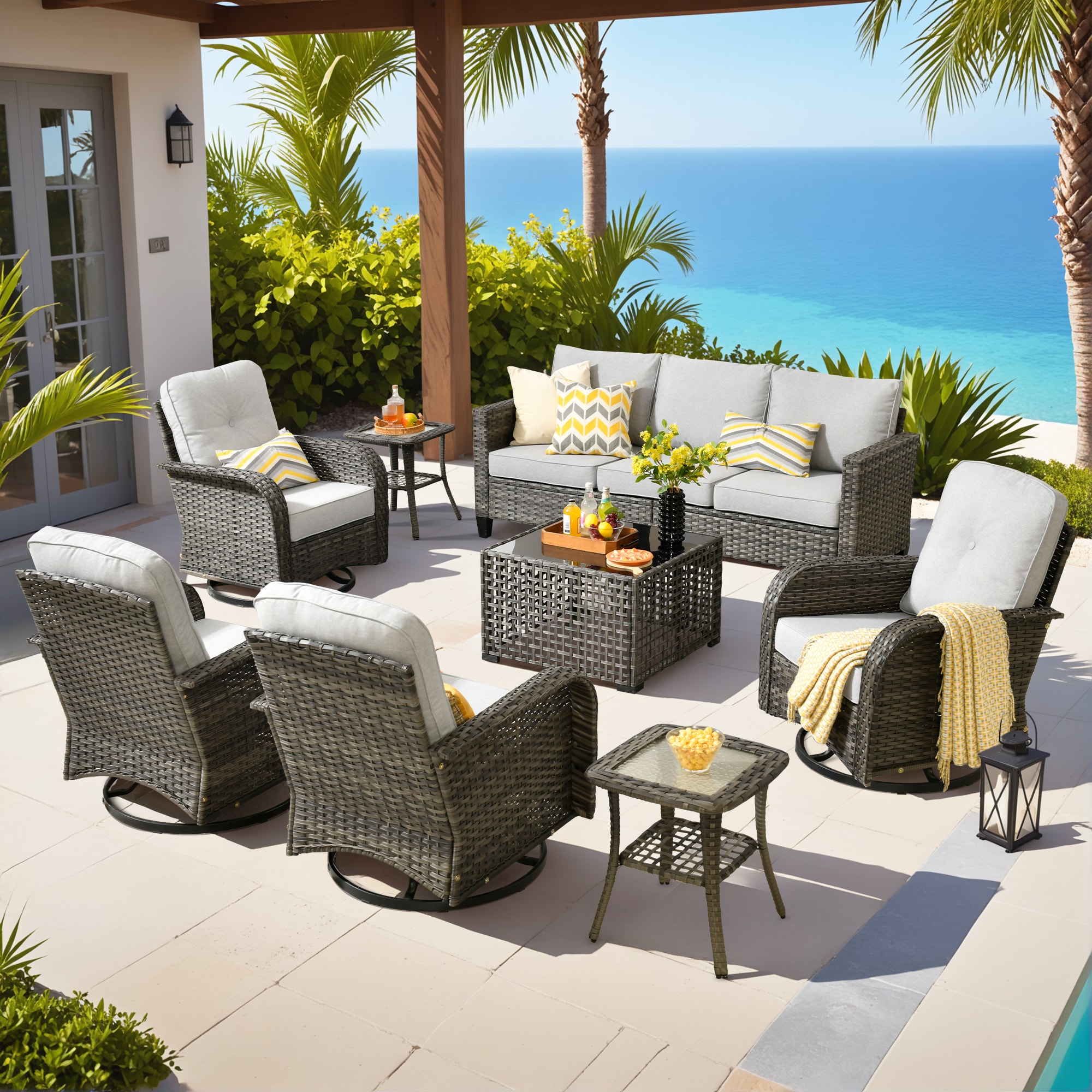 ALTRIGUS 6LYZGNCNEWGRS7081AL 8 -Piece Wicker Patio Sofa Conversation Set with Light Gray Cushions