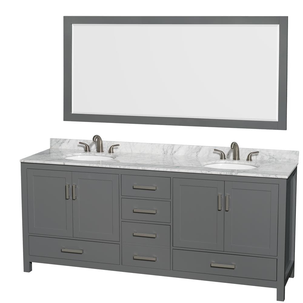Wyndham Collection WCS141480DKGCMUNOM70 Sheffield 80-in Dark Gray with Brushed Chrome Trim Undermount Double sink Bathroom Vanity with White Carrara Marble Natural marble Top (Mirror Included)