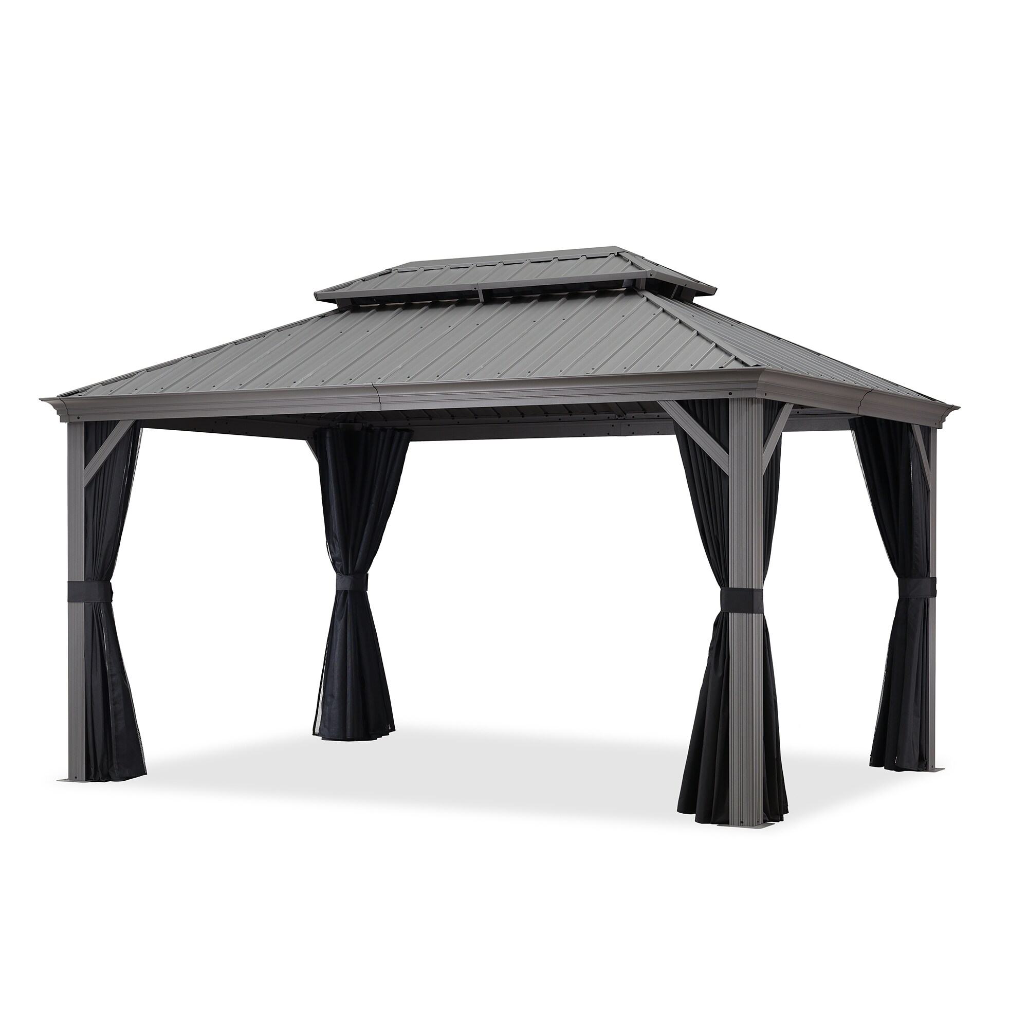 Light Gray 14' x 10' Aluminum Hardtop Gazebo with Curtains