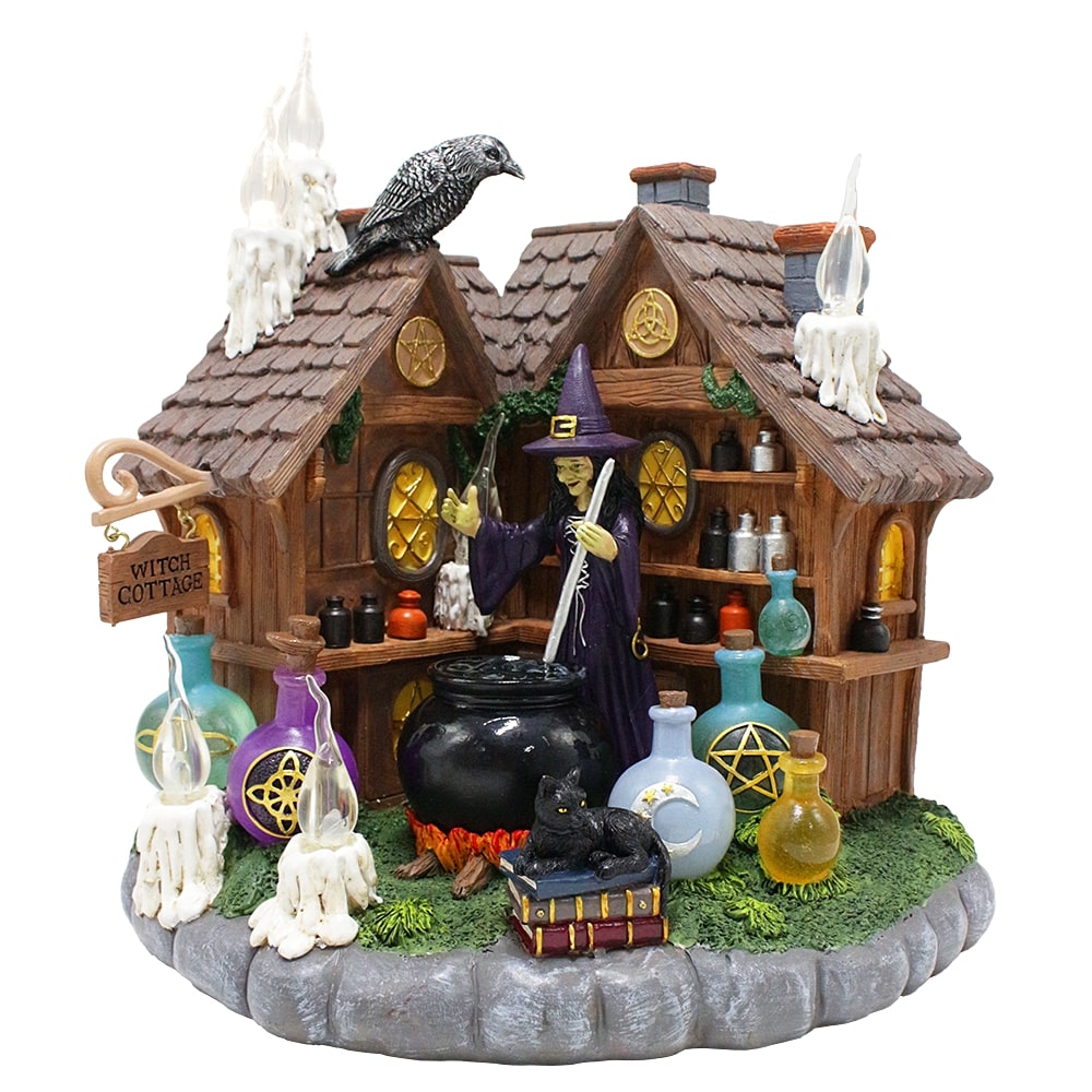 OrnamentallyYou RSTATUE1036 Enchanted Witch Cottage Lighted Figurine 10-in LED Halloween Decor Statue with Cauldrons and Ravens