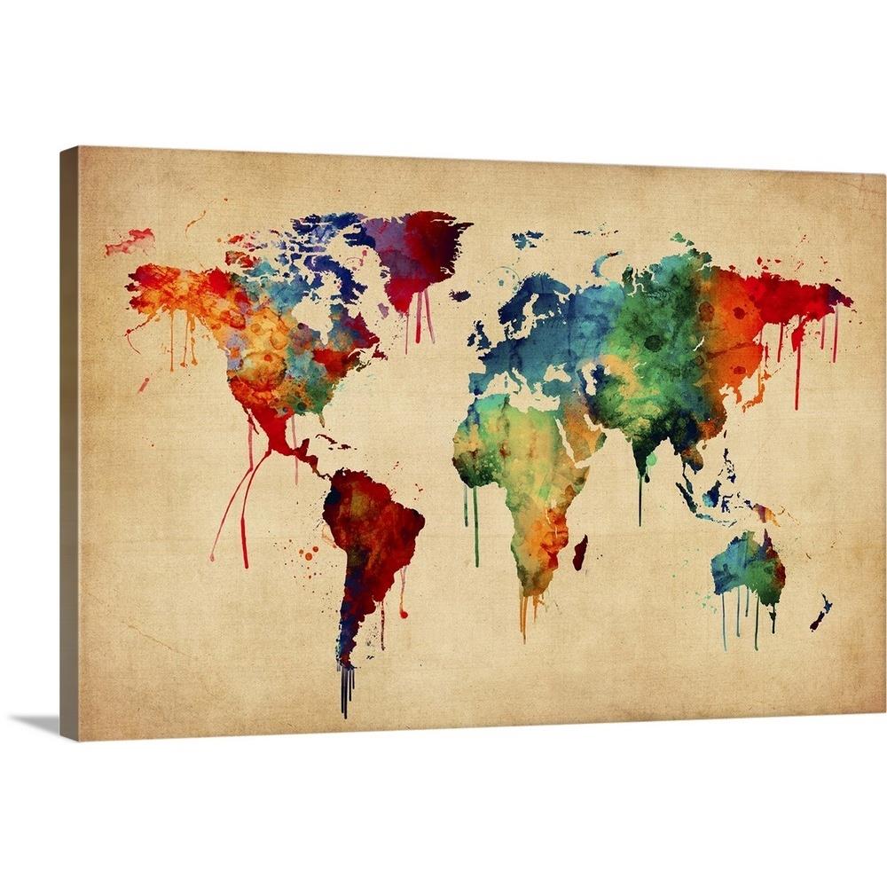 GreatBigCanvas 2490342-24-24X16 Watercolor Map of the World Map 16-in H x 24-in W Abstract Print on Canvas