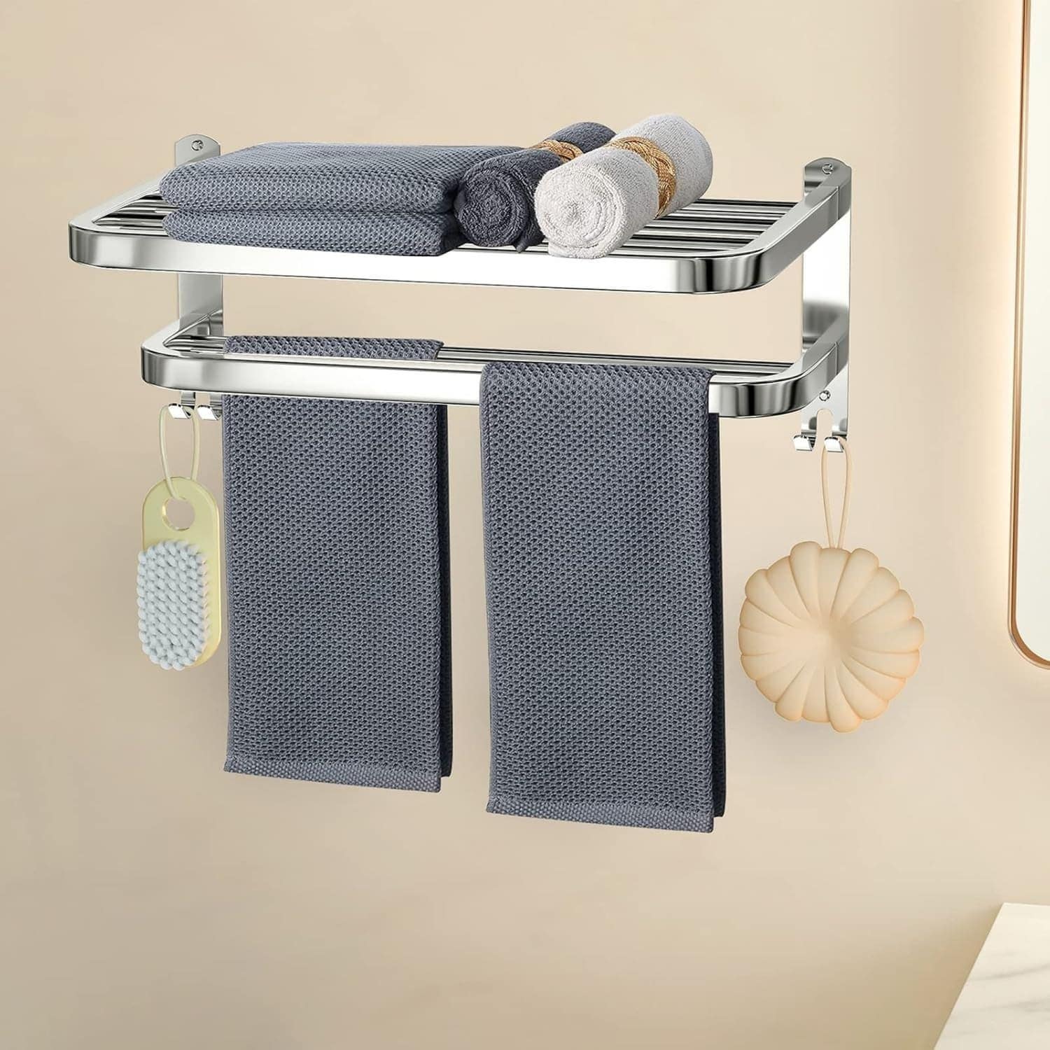 Angel Sar - 15in Polished Silver Towel Rack Shelf with 2 Towel Bar and Hooks for Bathroom