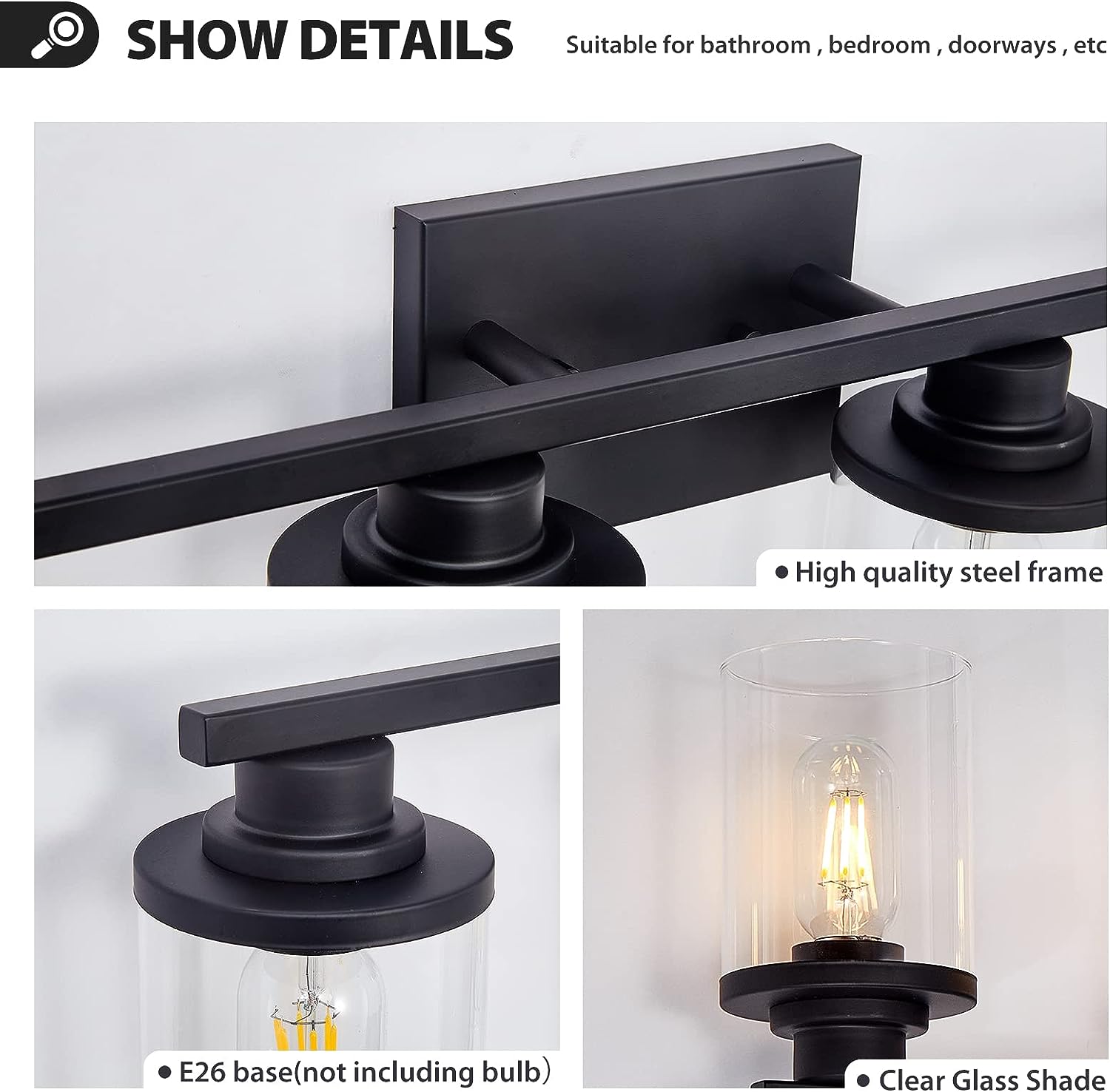Fylbinye Black Bathroom Vanity Light with Glass Shade 23.7-in 4-Light ...