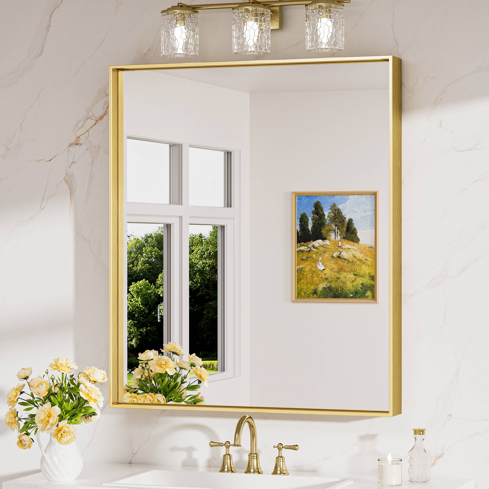 Keonjinn LW-JZ-JSKFJ-7691BD Bathroom Mirrors 30-in W x 36-in H Rectangle Brushed Gold Framed Wall Mirror