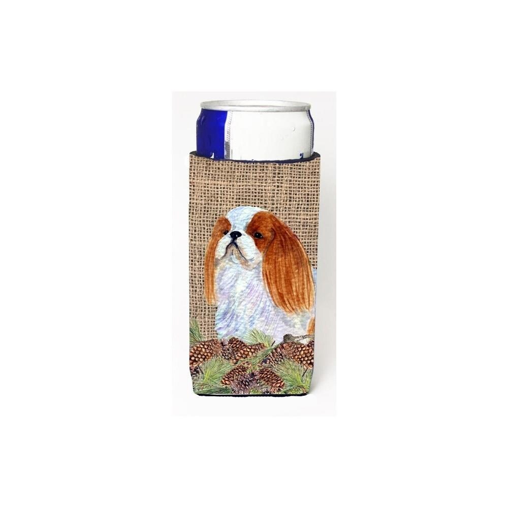 Caroline's Treasures CRLT41800 SS4096MUK English Toy Spaniel on Faux Burlap with Pine Cones Hugger Bottle Sleeves for Slim Cans 12-oz