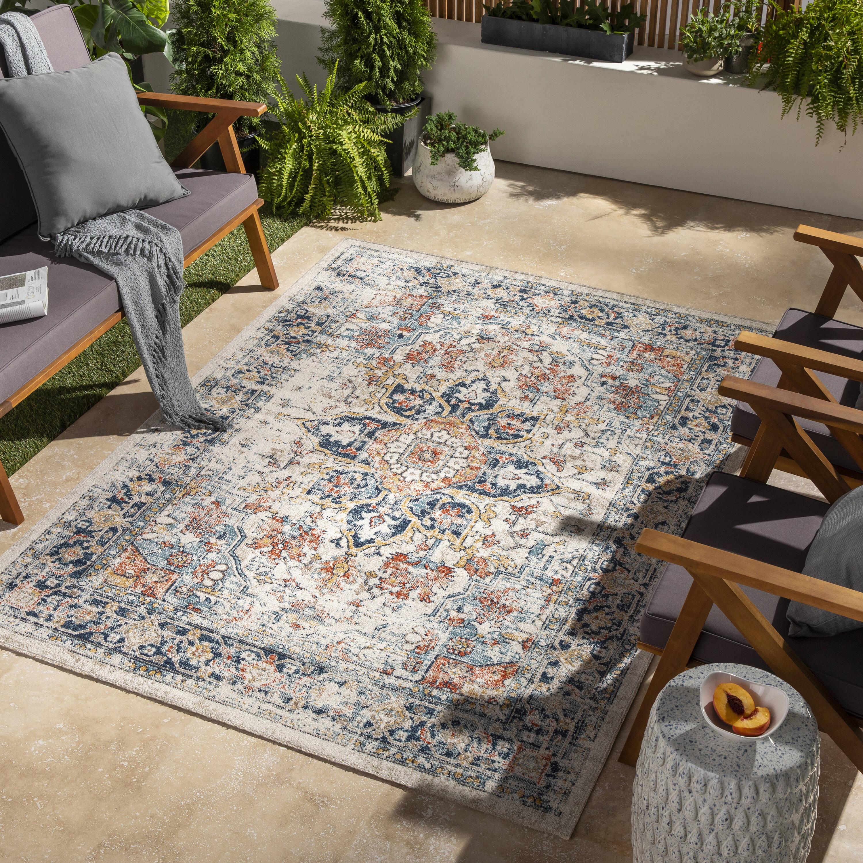 Livabliss HTB2300-31157 Huntington Beach 3 x 5 (ft) Polyester Gray/Beige Rectangular Outdoor Medallion Area rug