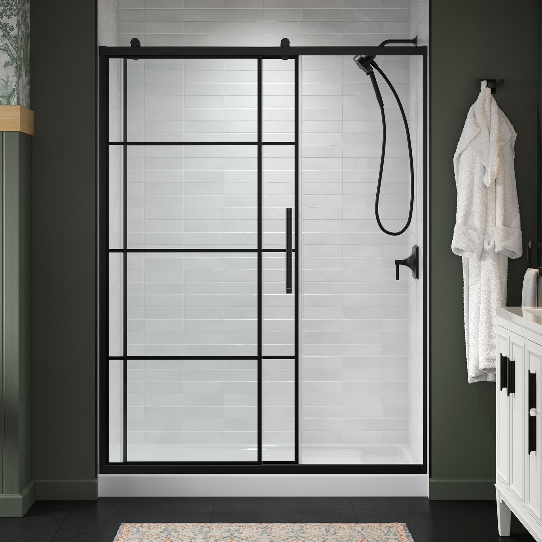KOHLER 702471-8G79-BL Premise Matte Black 56-in to 60-in W x 76.13-in H Frameless Sliding Soft Close Shower Door 5/16-in Thick Clear Glass