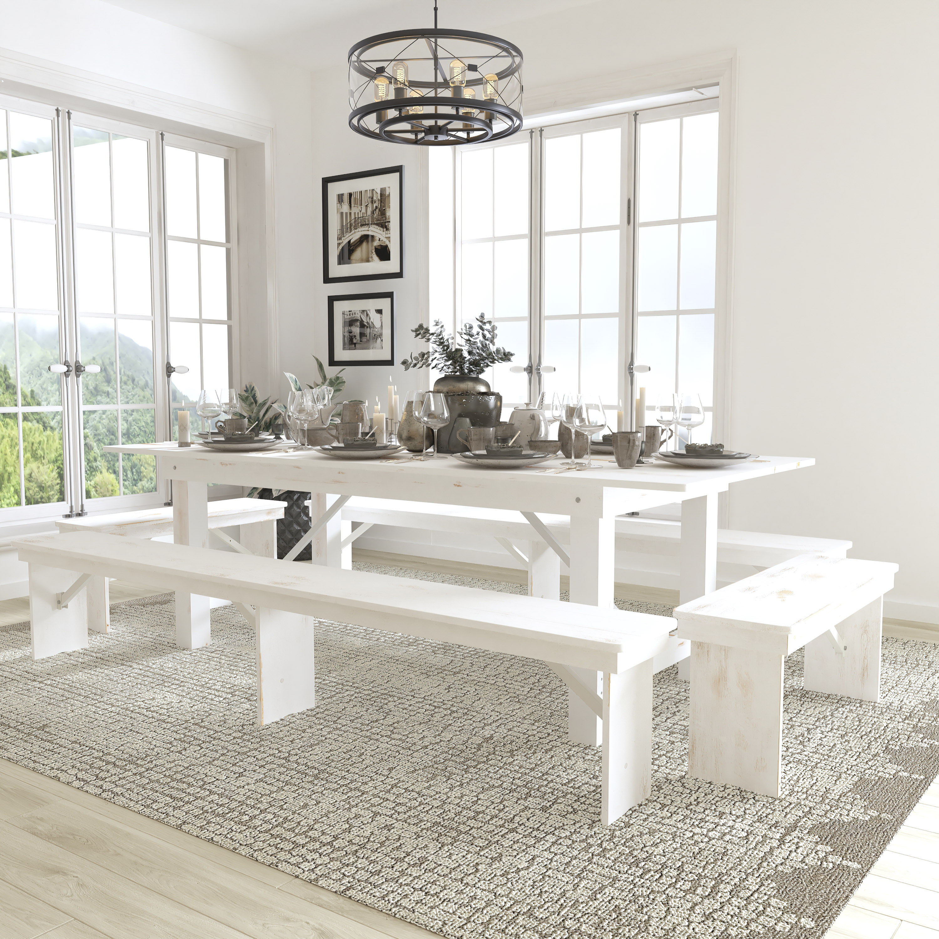 Flash Furniture 889142518877 Antique Rustic White Rustic Dining Room Set with Rectangular Table (Seats 10)