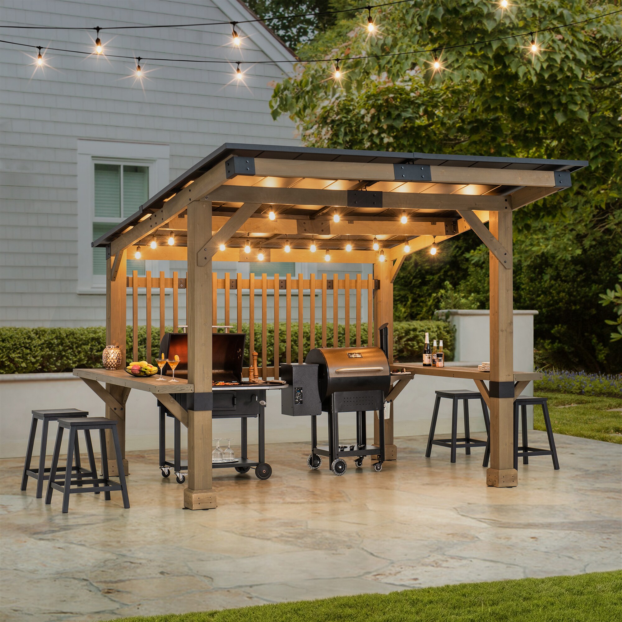 SUMMERCOVE 10-ft X 11-ft Brown Wood Rectangle Gazebo With Aluminum Roof ...