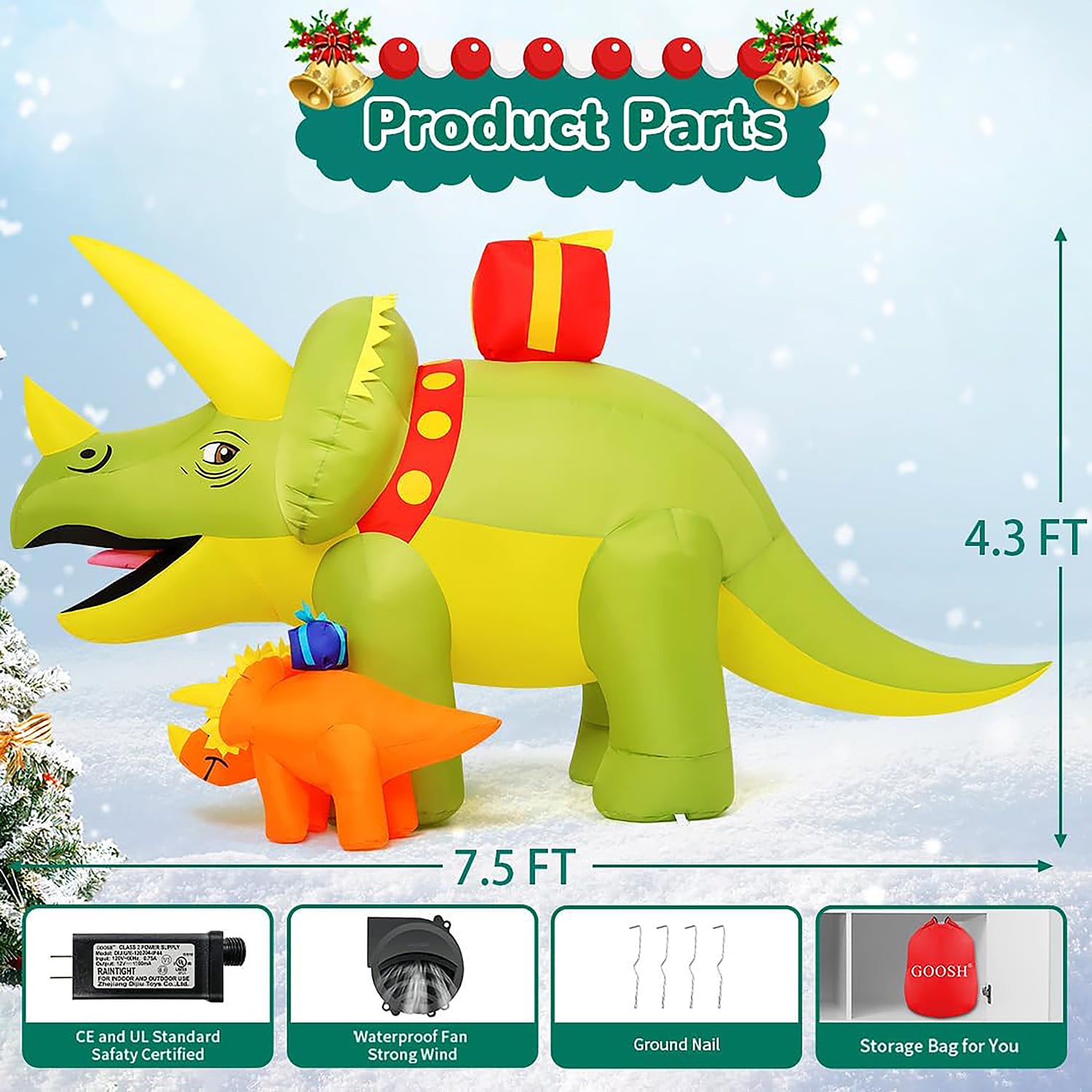 GOOSH 4.3-ft Lighted Dinosaur Christmas Inflatable In The Christmas ...