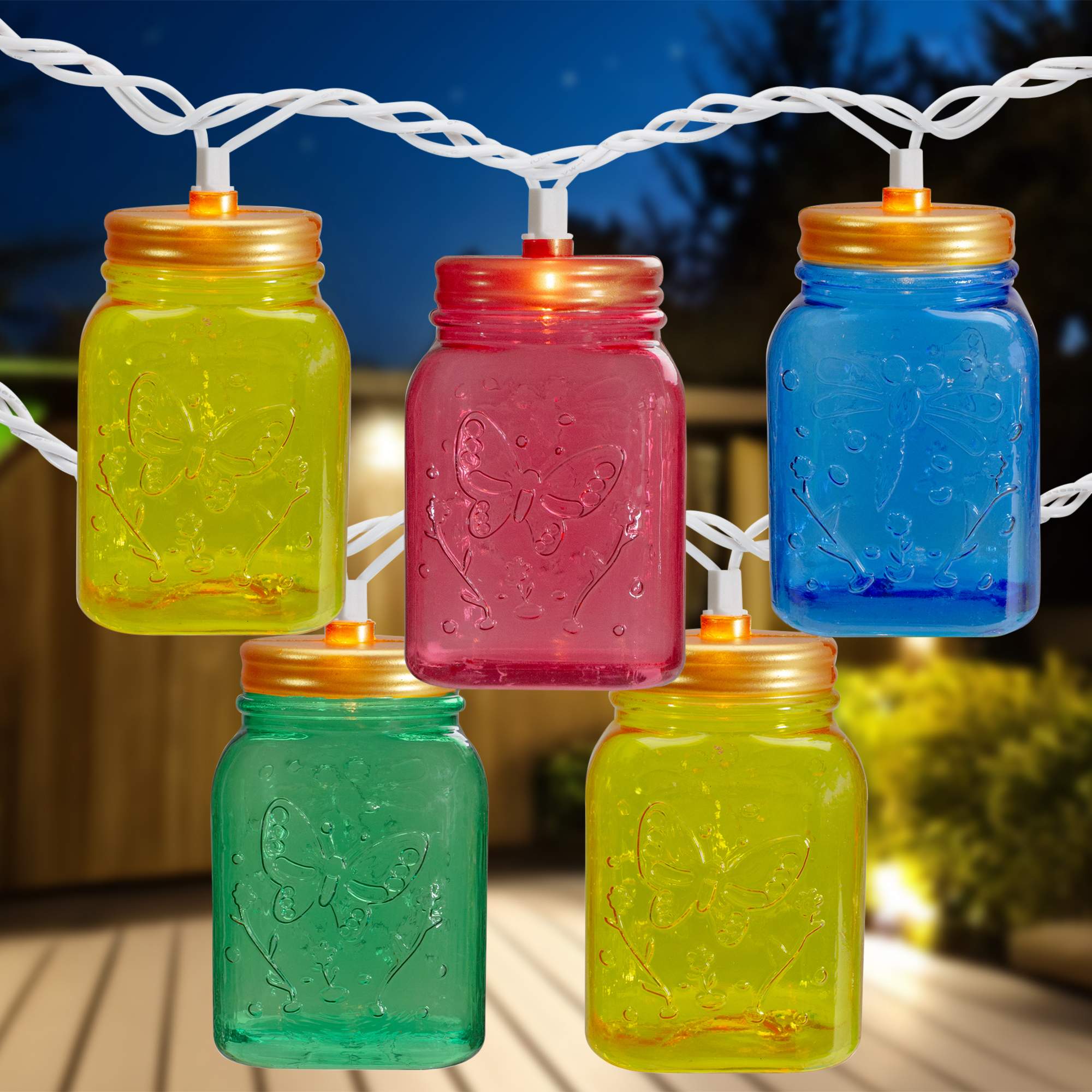 Mini Mason Jar Indoor Outdoor Patio Light Set - Multi-Color - 7.5 feet White Wire - 10ct