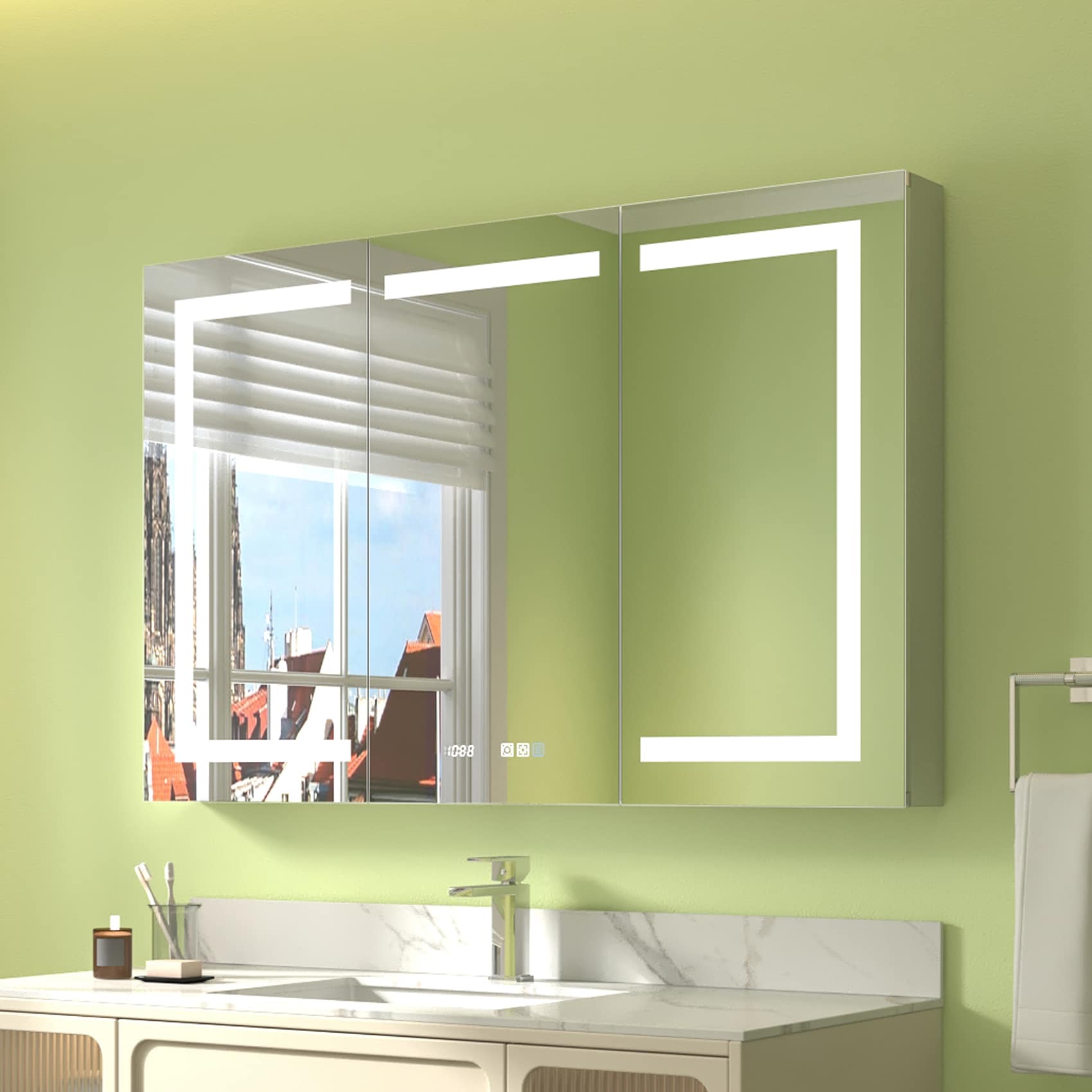 ExBrite 30-in x 32-in Lighted LED Fog Free Surface/Recessed Mount Silver Mirrored Soft Close Medicine Cabinet with Outlet