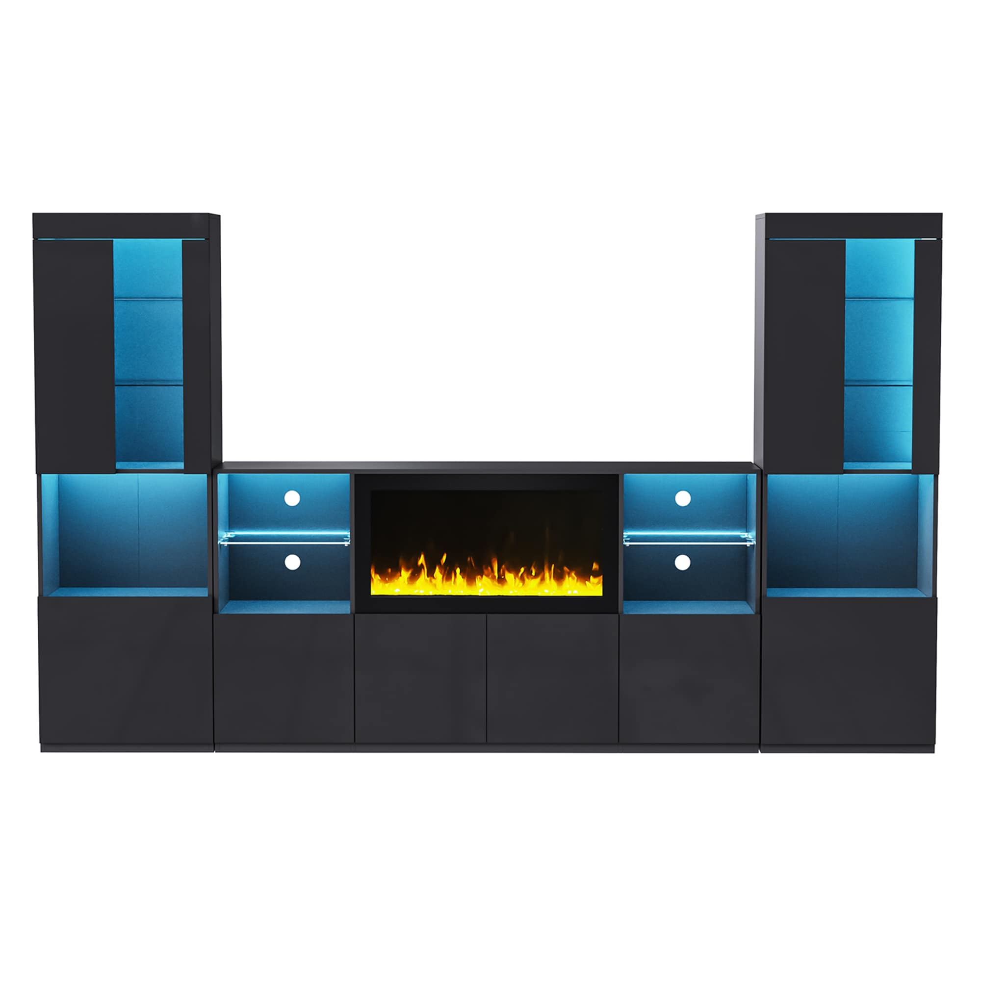 SINOFURN SYA770003DB 111-Inches W Black TV Stand with No heat Corner or flat wall Electric Fireplace with Remote Control Included