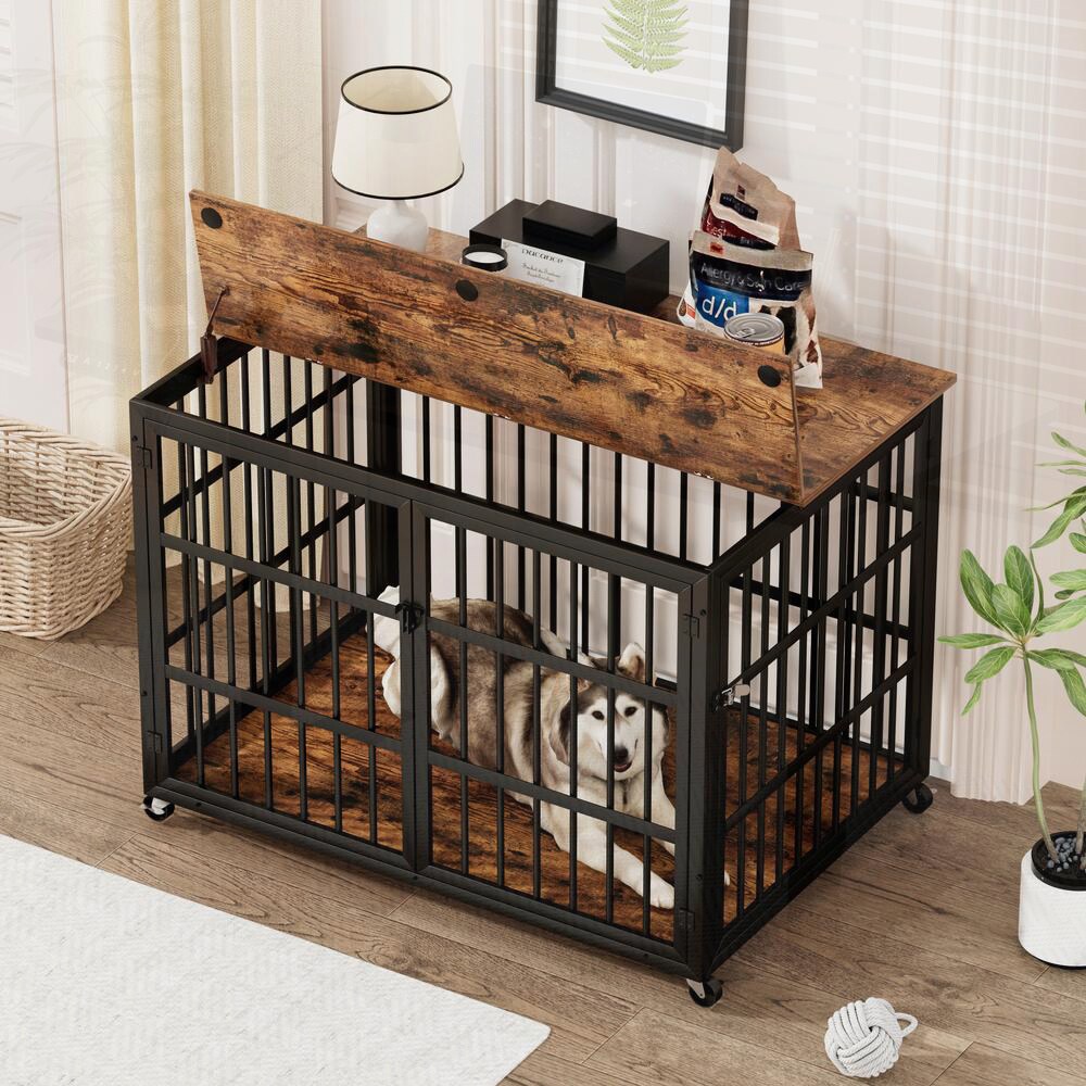 SunJet Rustic Brown Furniture Style Dog Crate with Wrought Iron Frame and Side Openings 43.3inW x 29.9inD x 33.5inH