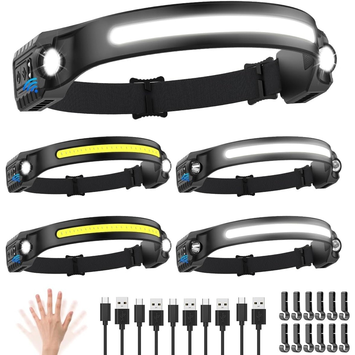 Axinabu  5 Pack Rechargeable LED Headlamp with 230 Degree Wide Beam and Motion Sensor for Camping Running and Repairing