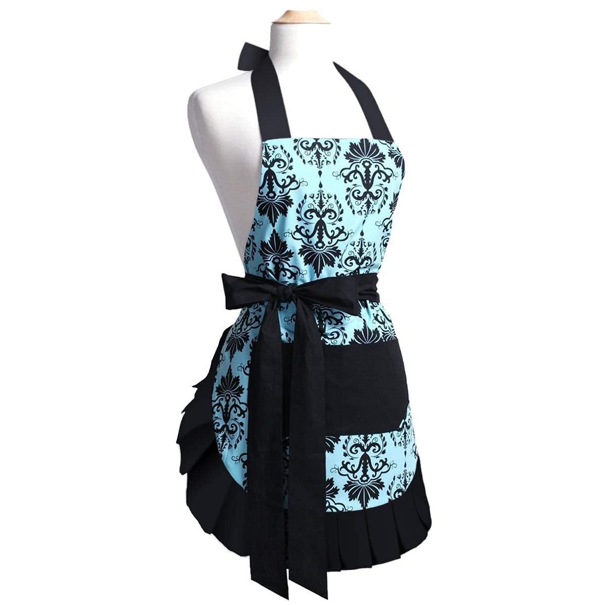 UUDULY Cotton Vintage Damask Apron for Women Adjustable Neck Big Pocket Blue and Black Ruffle Kitchen and Baking Apron for Holiday Gift #LUU0821U400